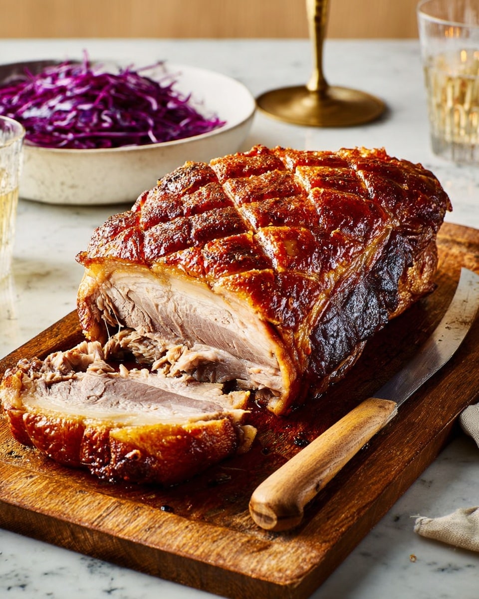 A large, roasted piece of pork is placed on a wooden cutting board with a crispy, golden-brown crust on the top layer, showing a cracked and textured surface. The inside has three visible layers: the outermost dark golden brown crust, a thick middle layer of light brown cooked meat, and a lighter beige inner layer. One thick slice of pork lies cut in front, with shredded meat and a textured, moist look. To the right of the pork is a rustic knife with a worn wooden handle laying on the cutting board. Behind the pork, a white bowl holds vibrant purple shredded cabbage, adding a bright pop of color. The scene is set on a white marbled surface. photo taken with an iphone --ar 4:5 --v 7
