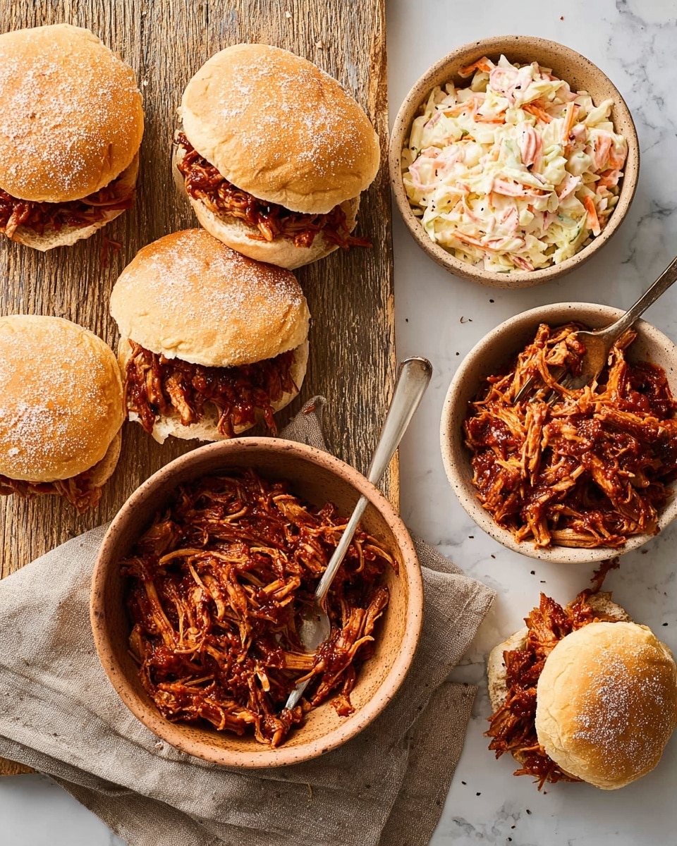 The image shows five pulled pork sandwiches placed on a wooden board with a white marbled texture beneath it. Each sandwich has two layers of soft, lightly dusted bread rolls; the bottom layer holds a generous amount of dark reddish-brown pulled pork with a moist and shredded texture, while two of the sandwiches also include a layer of creamy coleslaw with pale orange and light purple shredded vegetables and a sprinkle of black pepper on top. To the top right of the sandwiches, there is a white bowl filled with more pulled pork and a fork resting inside. To the top left, a small white bowl contains extra coleslaw with visible bits of black pepper sprinkled on top. A beige cloth napkin lies beside the pulled pork bowl. Photo taken with an iphone --ar 4:5 --v 7