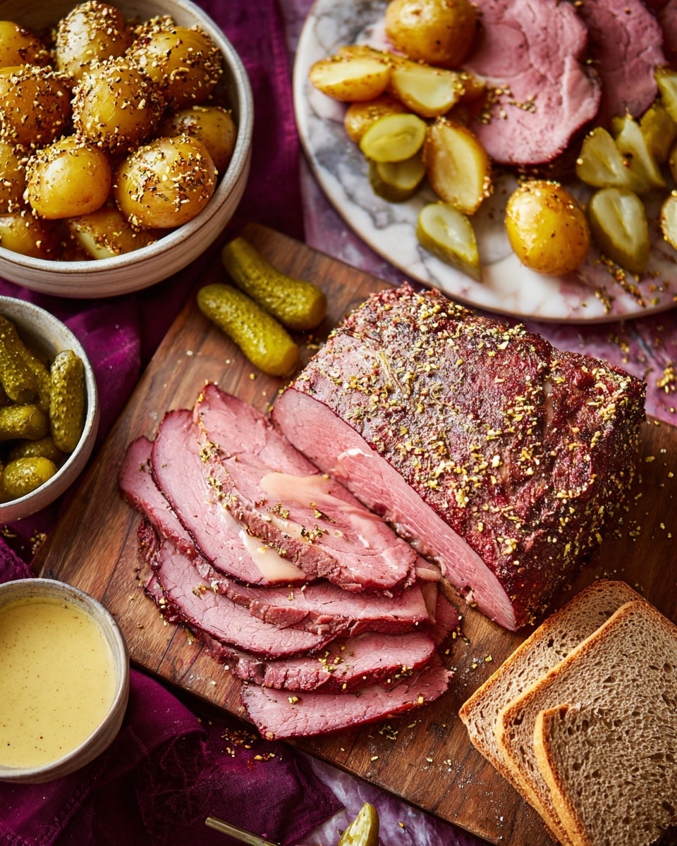 The image shows a wooden board on a white marbled texture background with layers of sliced roast beef, arranged in a fan shape, showing a dark pink inside with a slightly peppered outer layer. To the side, there are crispy roasted potato chunks coated with whole grain mustard in a white bowl, with a rough, golden color and grainy texture. Below that, a white bowl holds whole pickles, vibrant green with a glossy, wet texture. To the right of the meat, there are two slices of brown bread spread with melting butter, showing a rough, grainy surface. In the blurred background, there is another white plate with additional slices of roast beef, pickles, and roasted potatoes. photo taken with an iphone --ar 4:5 --v 7