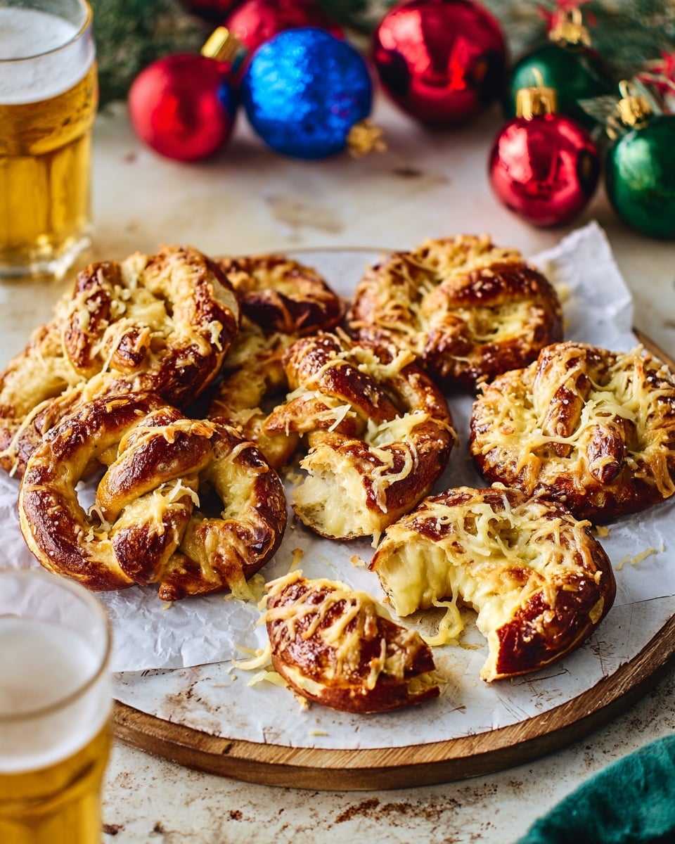 The image shows a round light brown wooden tray with eight golden brown pretzels topped with melted, slightly browned cheese scattered on it; one pretzel near the front left edge has a bite taken out, showing its soft, light interior. The pretzels are unevenly placed with some overlapping, and a red and white patterned cloth peeks out from under the top right pretzels. The background is a white marbled surface with parts of two mugs filled with pale golden beer blurred in the foreground. Photo taken with an iphone --ar 4:5 --v 7
