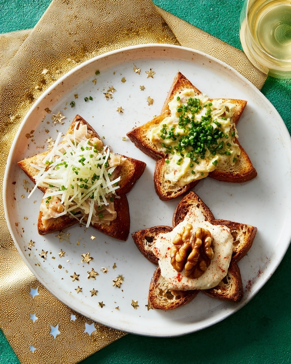 Three star-shaped toasted bread pieces sit on a white plate. The top left star has thin white strips of cheese topped with small green chives. The top right star is covered with a creamy white spread sprinkled with red spice and small green herbs. The bottom star holds a dollop of white spread with a whole walnut on top, resting in a small pool of honey. The plate is on a yellow napkin with white stars over a white marbled surface. photo taken with an iphone --ar 4:5 --v 7