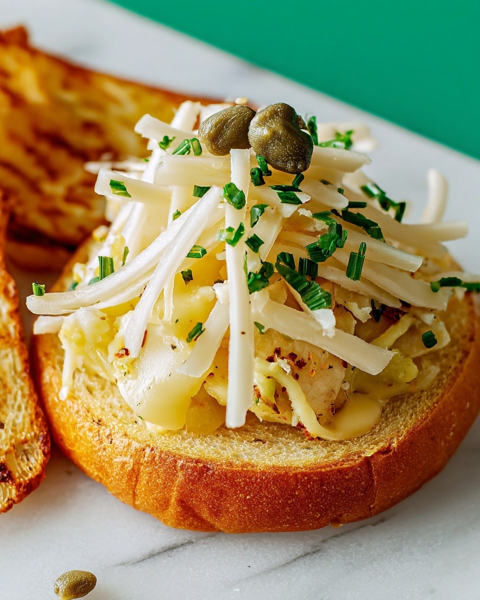 The image shows a small crispy golden-brown potato base with a rough texture and a slightly broken edge, topped with a generous layer of creamy white shredded cheese that looks soft and moist. On top of the cheese, there are tiny green chopped chives and a small green caper, adding a fresh color contrast. The dish is set against a solid bright green background, making the golden potato and white cheese stand out clearly. Small pieces of bread or toast are partially visible around the edges. photo taken with an iphone --ar 4:5 --v 7