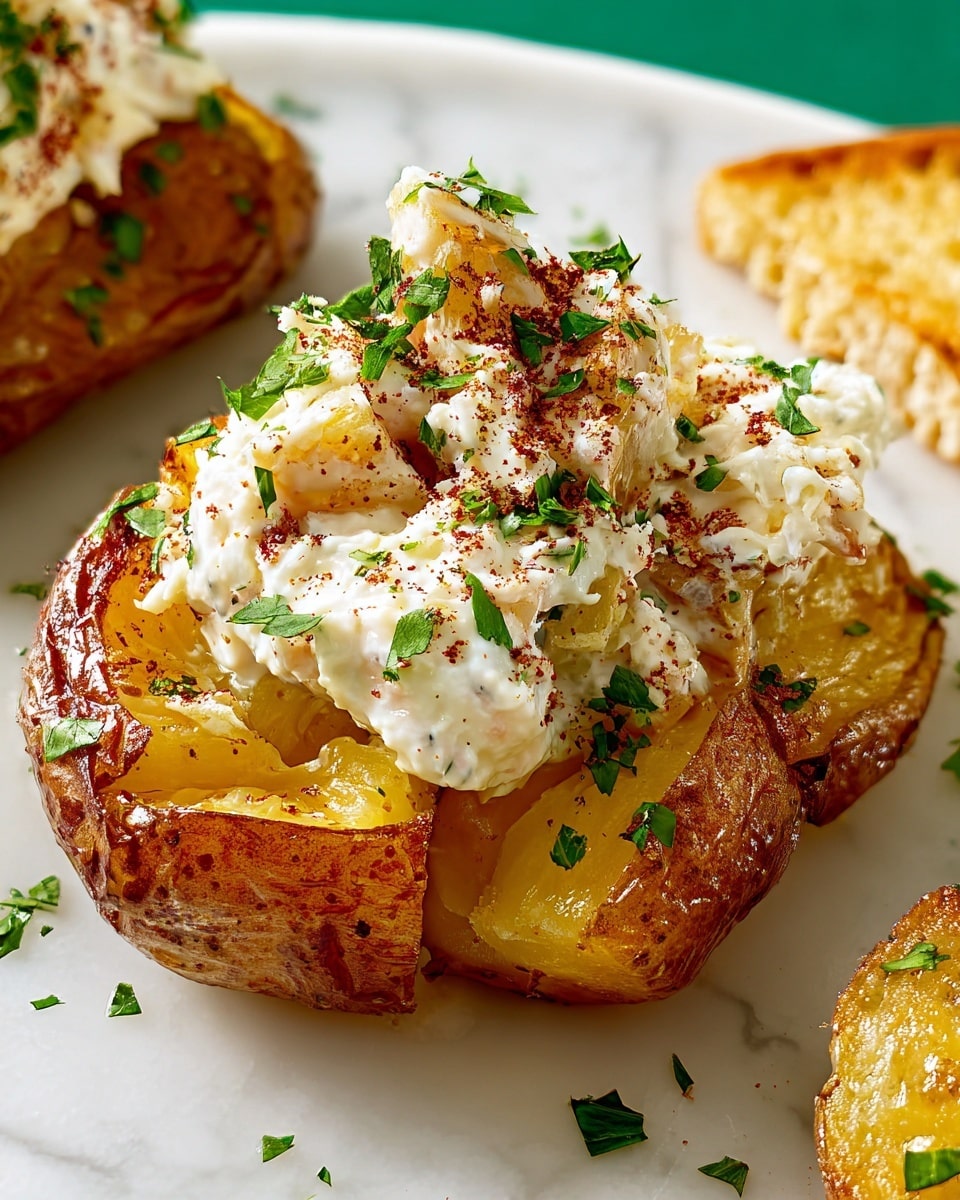 The image shows a close-up of a smashed roasted potato with a crispy, golden-brown outer layer and soft, slightly broken inner texture. On top of the potato is a generous dollop of creamy white potato salad mixed with small bits of yellow and topped with sprinkled red seasoning and fresh chopped green herbs. The food is placed on a smooth white plate with a white marbled texture surface underneath. Photo taken with an iphone --ar 4:5 --v 7