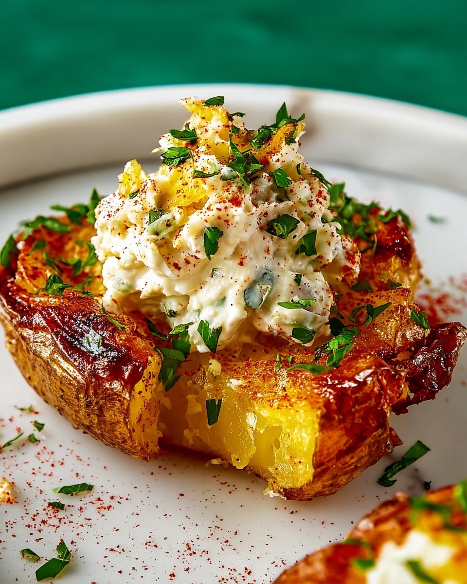 A close-up of a smashed golden brown roasted potato sitting on a white plate, topped with a creamy white mixture that has small chunks visible inside. The creamy topping is sprinkled with finely chopped green herbs and reddish-brown seasoning powder. Part of another piece of roasted potato with the same topping is visible in the top right corner, while a small piece of lightly toasted bread is in the bottom left corner. The plate rests on a white marbled surface. photo taken with an iphone --ar 4:5 --v 7