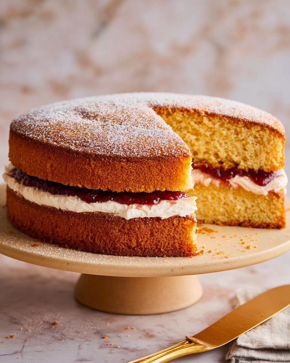 A two-layer golden sponge cake is shown with one slice cut out, revealing the inside layers clearly. The top and bottom layers are light brown and fluffy with a soft texture. Between them is a layer of white cream and a thin layer of red jam right below it, both slightly visible from the side. The top of the cake is dusted lightly with white powdered sugar. The cake sits on a round marble cake stand with light brown and cream veins. The background is a smooth beige color and the surface is a white marbled texture. Photo taken with an iphone --ar 4:5 --v 7