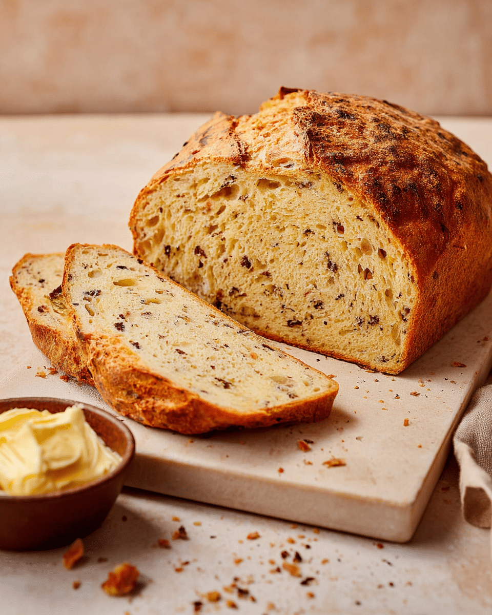 A round loaf of bread with a golden brown, slightly shiny crust sits on a light wooden cutting board. Two slices are cut and placed in front of the loaf, showing the inside texture, which is light beige with small dark bits evenly spread throughout. To the left of the cutting board, there is a small wooden bowl filled with creamy yellow butter. The bread and bowl are set on a white marbled textured surface with a warm beige background. Photo taken with an iphone --ar 4:5 --v 7