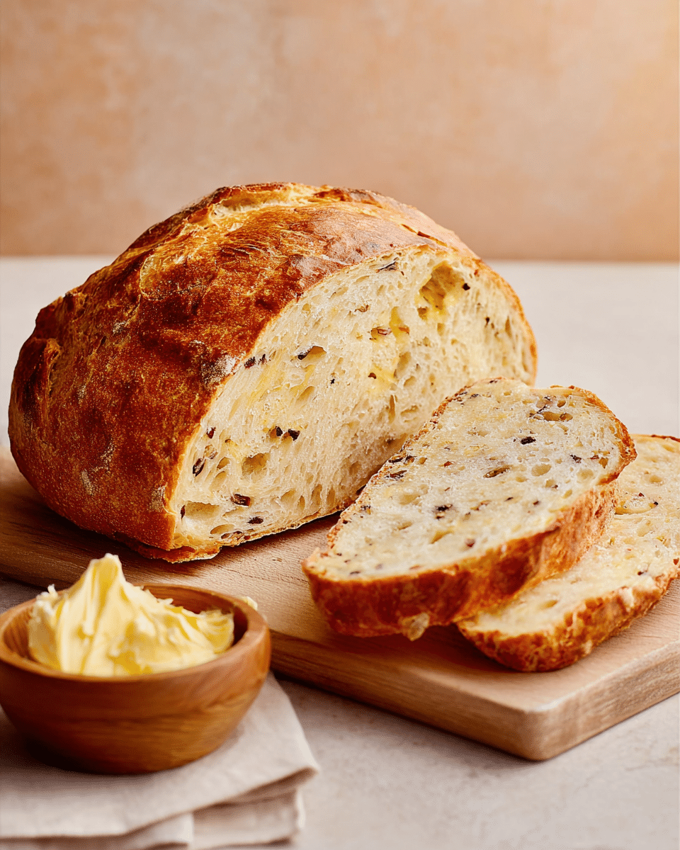 A loaf of golden brown bread with a rough, slightly crispy crust sits on a beige cutting board, accompanied by two unevenly cut slices leaning against the loaf showing a soft, light tan inside speckled with small bits of dark ingredients. Small crumbs scatter around the board. To the front left, a small brown bowl filled with creamy yellow butter adds contrast. The surface is a white marbled texture and the background is a light warm tone. photo taken with an iphone --ar 4:5 --v 7