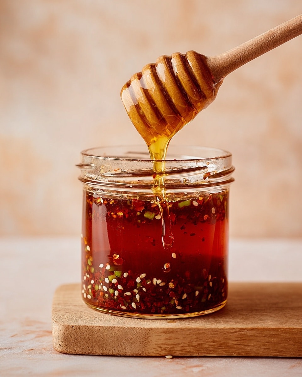 A clear glass jar filled halfway with a dark reddish-brown sauce mixed with small pieces of green herbs and white seeds, giving it a chunky texture inside; resting horizontally on top of the jar is a wooden honey dipper covered with thick golden honey slowly dripping down in a smooth stream onto a light wooden surface. The background is a smooth, warm beige color and the scene is set on a white marbled texture. photo taken with an iphone --ar 4:5 --v 7