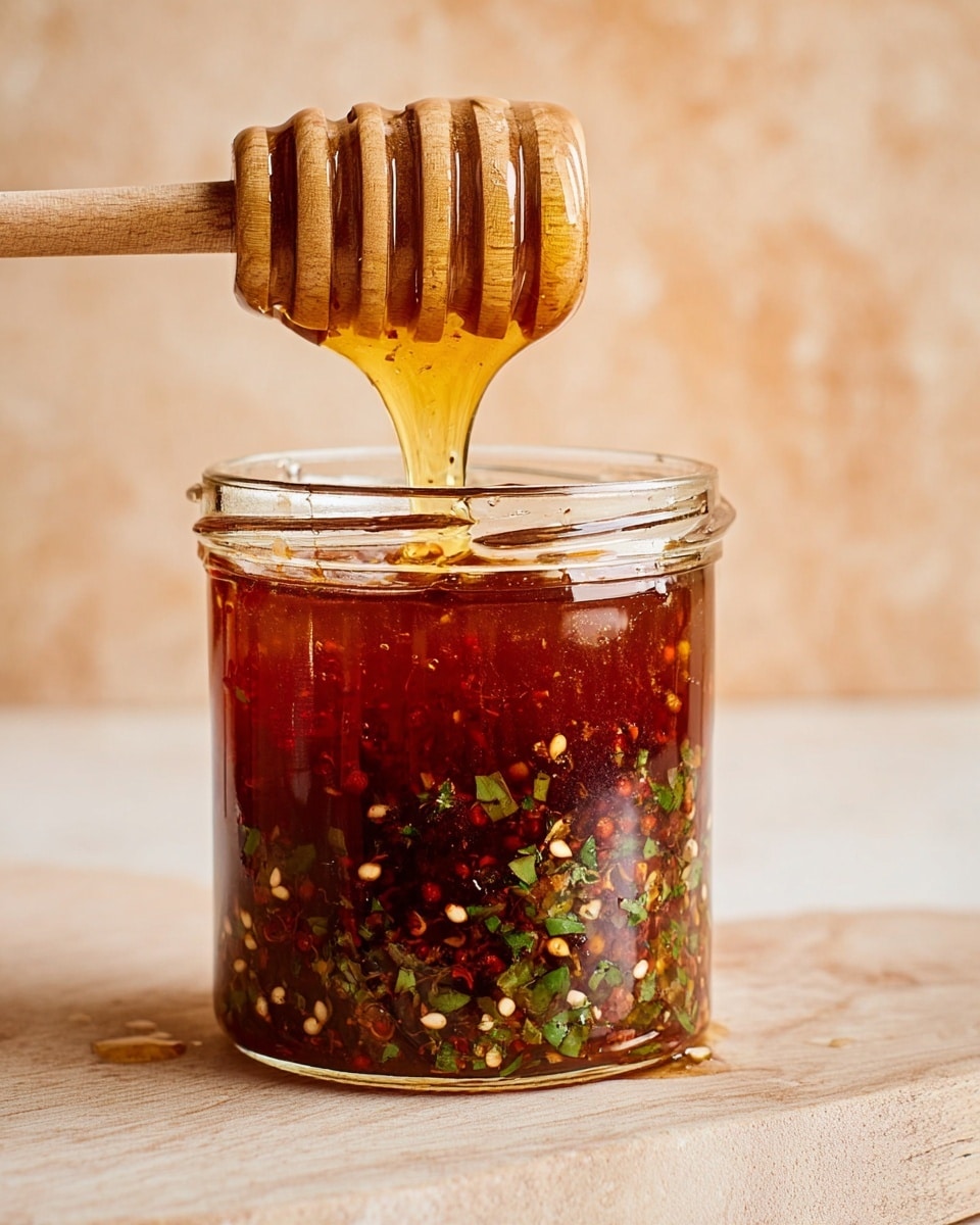 A clear glass jar filled about three-quarters with a dark reddish-brown sauce that has visible green chili pieces and white seeds floating near the top layer, creating a textured look. Resting on top of the jar is a wooden honey dipper dripping golden honey slowly down the side of the jar onto a light wooden board below. The background is soft and warm beige, while the base is changed to a white marbled texture. photo taken with an iphone --ar 4:5 --v 7