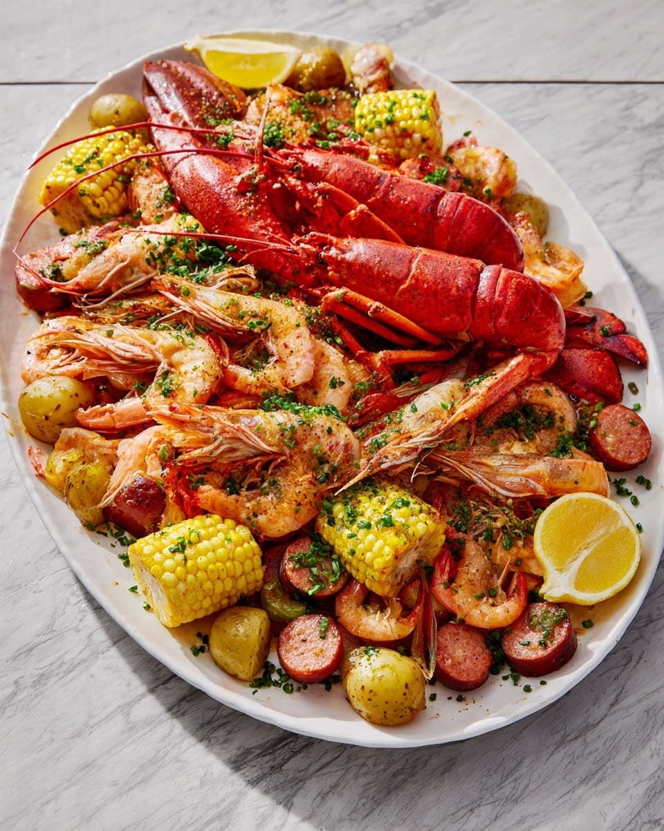 A large white oval plate filled with a seafood feast showing multiple layers: the base layer contains yellow corn cut into small rounds and small round potatoes with light green herbs sprinkled on top; on top of that, there are many whole prawns with pink and orange shells and long antennae, as well as thick slices of dark red sausage; at the center, there is a bright red lobster with claws and tail prominently visible; the dish is garnished with chopped green herbs scattered throughout, and two halves of a lemon sit beside the plate on a white marbled surface photo taken with an iphone --ar 4:5 --v 7
