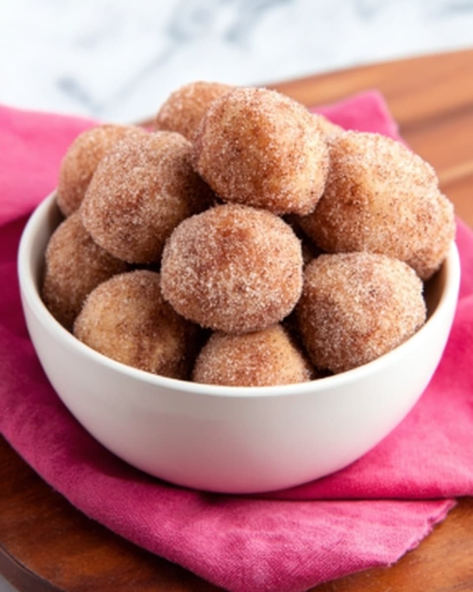 A white bowl filled with many small, round doughnut holes covered in cinnamon sugar. Each doughnut hole is light brown with a rough, sugary texture. The bowl is placed on a wooden surface with a pink cloth nearby, but the surface is changed to a white marbled texture. The image looks bright and warm, showing the doughnut holes piled high in the bowl. Photo taken with an iphone --ar 4:5 --v 7