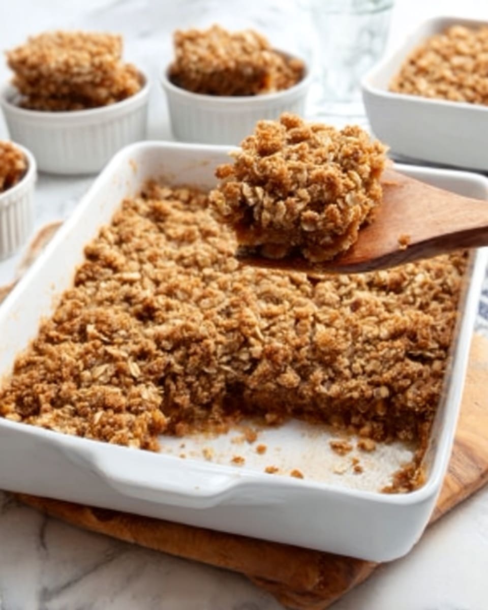 The image shows a white rectangular baking dish with a crumbly oat bar dessert inside. One bar is cut out, and a woman's hand holding a wooden spatula is lifting the cut piece, showing its thick, golden-brown, crumbly texture on top and a slightly moist base beneath. Around the baking dish, there are several white square bowls filled with more of the same oat bars. The background surface has a white marbled texture. The scene looks bright and inviting, with a focus on the crumbly layers and the appealing golden colors. photo taken with an iphone --ar 4:5 --v 7
