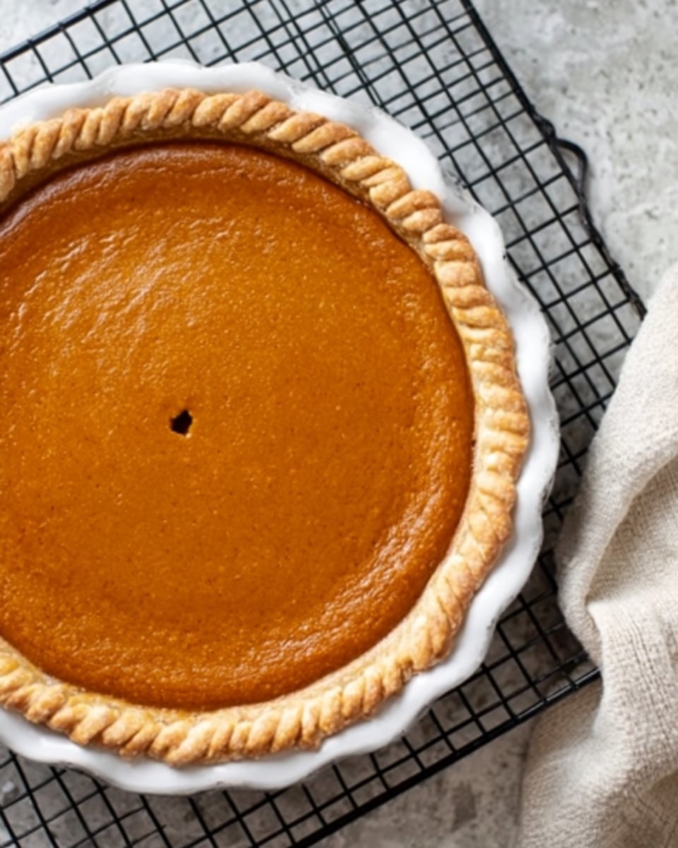 A single-layer pumpkin pie with a smooth, deep orange filling and a slightly glossy surface sits inside a white pie dish. Its crust is braided and golden brown, framing the pie perfectly. The pie rests on a black cooling rack placed on a white marbled surface. A beige oven mitt lies to the right side of the cooling rack. Photo taken with an iphone --ar 4:5 --v 7