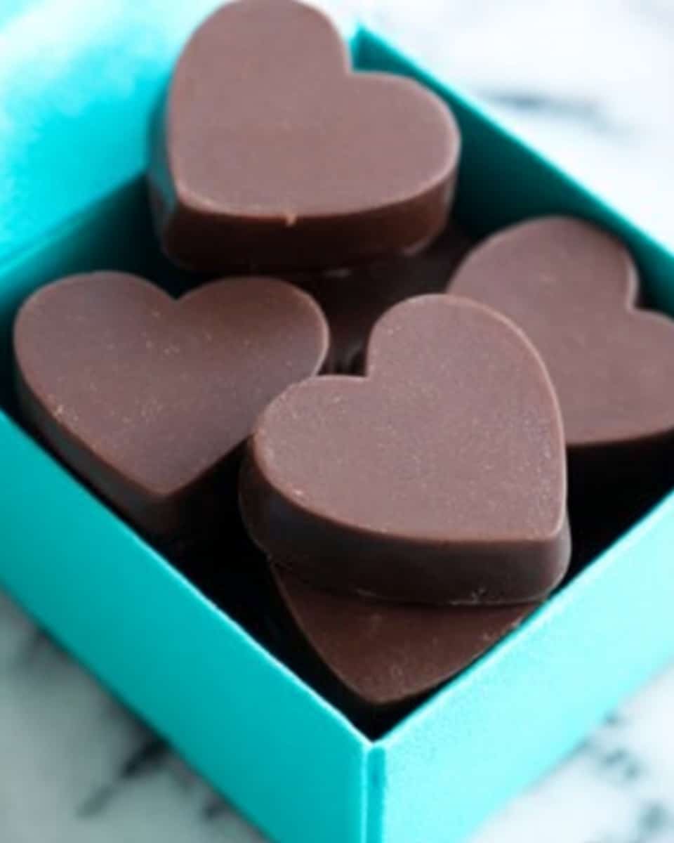A turquoise box filled with several smooth, dark brown heart-shaped chocolates stacked unevenly inside. The chocolates have a matte finish and rounded edges, sitting closely together in the box. The box is placed on a white marbled surface, giving a clean and bright background. Photo taken with an iphone --ar 4:5 --v 7