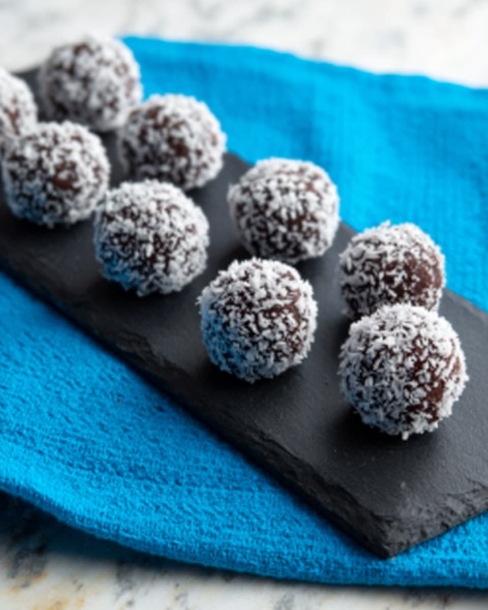 The image shows eight round chocolate balls placed evenly on a dark slate board, each covered in small white sugar crystals giving a rough texture. The slate board sits on a bright blue cloth that adds a vibrant contrast to the dark chocolate. The background is a white marbled surface, clean and smooth, making the chocolate balls stand out. The chocolate balls are arranged in two rows, with four balls in the front row and four in the back, creating a balanced and neat presentation. photo taken with an iphone --ar 4:5 --v 7
