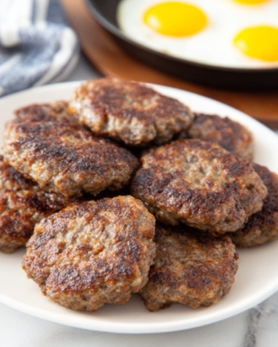 A white plate on a white marbled surface holds eight brown sausage patties, each one round and cooked to a slightly rough texture with visible browned seared spots. Behind the plate, a black pan contains two sunny side up eggs with bright yellow yolks and white edges, slightly out of focus. The scene shows a casual breakfast setting. Photo taken with an iphone --ar 4:5 --v 7