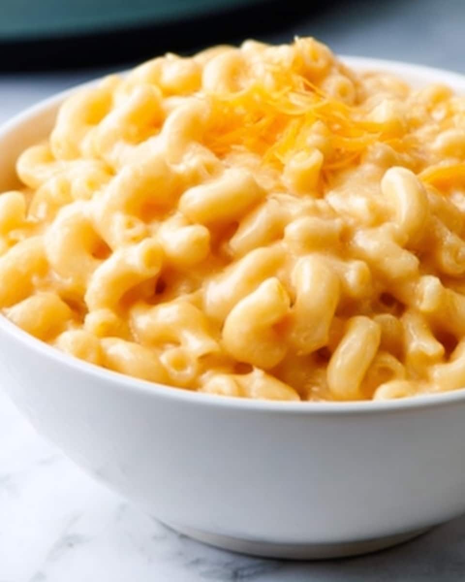 A close-up view of a white bowl filled with creamy macaroni and cheese. The dish has two definite layers: the bottom layer is a smooth, golden yellow cheese sauce that coats the curled elbow macaroni pasta evenly, giving it a glossy and rich texture. On top, small shreds of melted cheddar cheese add a slightly different yellow-orange color and a soft texture. The bowl is placed on a white marbled surface in soft natural light. Photo taken with an iphone --ar 4:5 --v 7