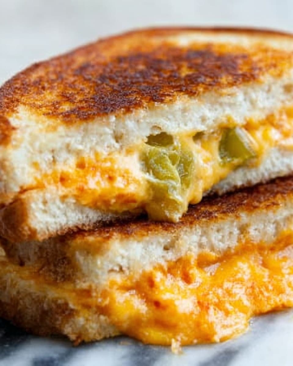 A close-up of a grilled cheese sandwich cut in half and stacked, showing melted yellow and orange cheese oozing out between two thick slices of toasted white bread with a golden-brown crust. Small bits of green peppers are visible mixed with the cheese. The sandwich rests on a white marbled surface with slight crumbs around it. The texture of the bread looks soft inside with a crispy outside. Photo taken with an iphone --ar 4:5 --v 7