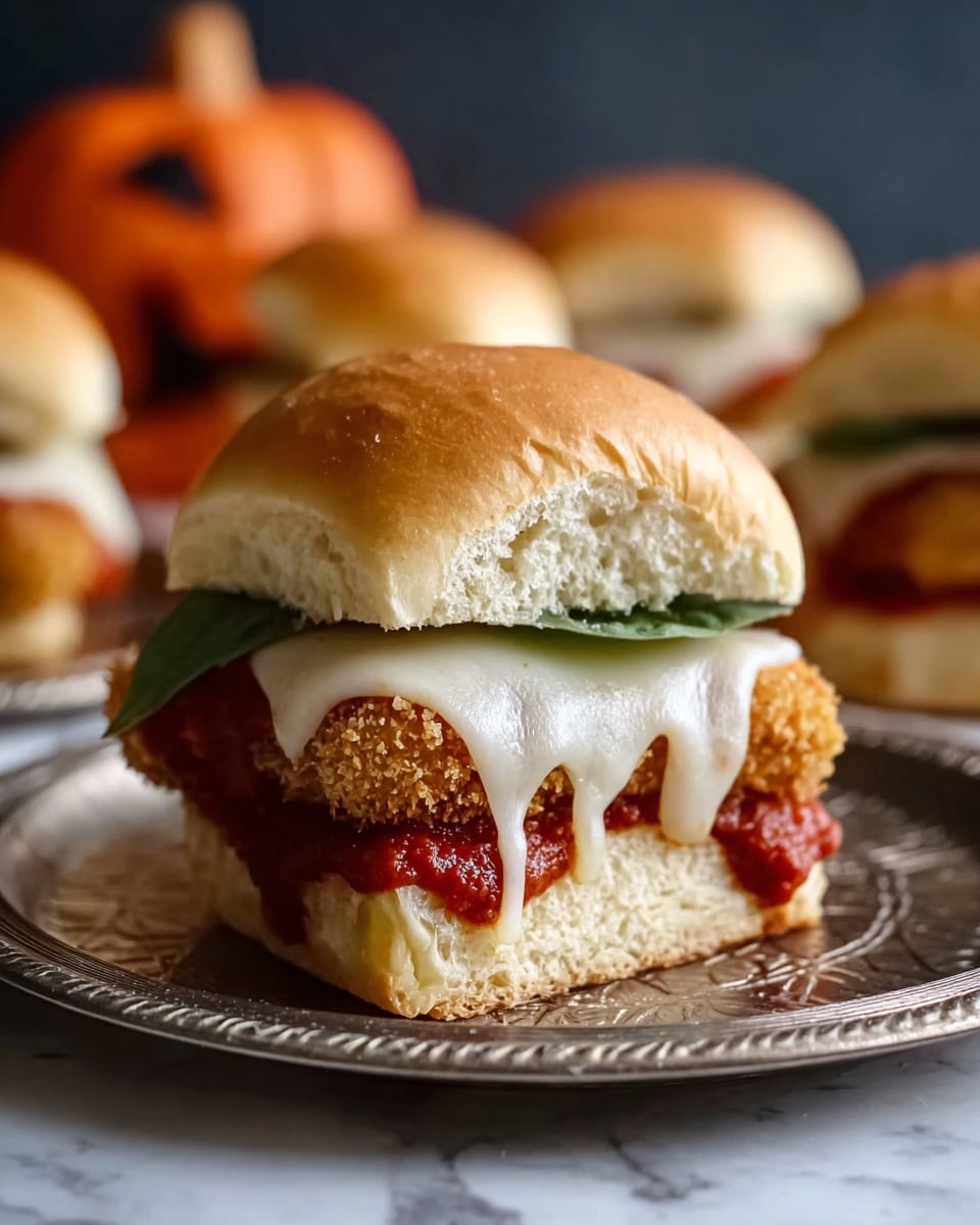 A close-up of a sandwich with three main layers, placed on a white plate with a textured edge against a white marbled surface; the bottom layer is a soft, light brown bun with a fluffy texture, topped by a crispy, golden-brown breaded chicken piece; above the chicken is a layer of white melted cheese dripping down the sides, followed by a bright red tomato sauce, and topped with a fresh green basil leaf; the sandwich is finished with a soft, rounded top bun of the same light brown color, with a blurred background showing similar sandwiches and a hint of a decoration in orange and black. photo taken with an iphone --ar 4:5 --v 7