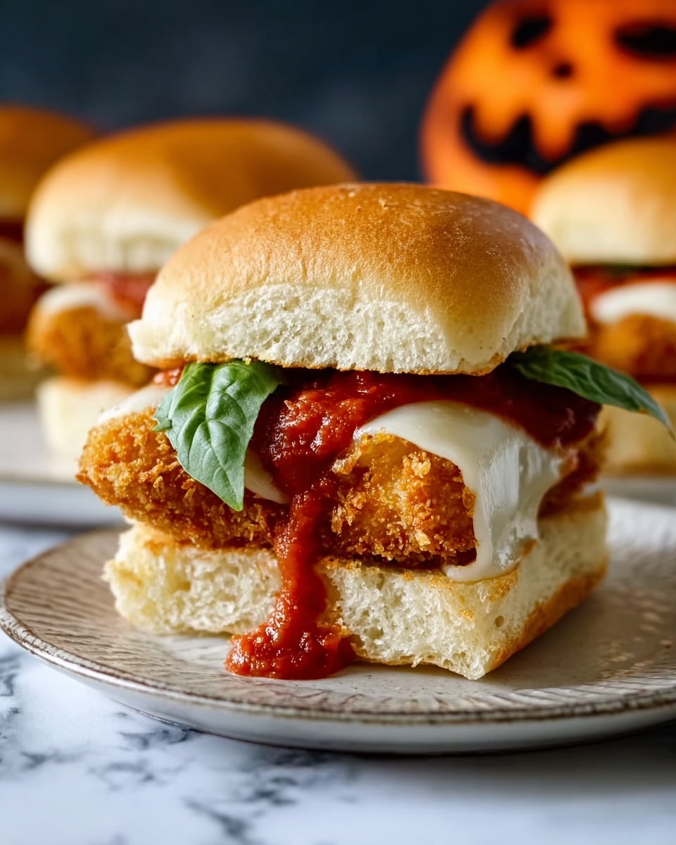 A close-up of a sandwich with four layers: the bottom layer is a thick, soft white bun with a light fluffy texture, topped with a layer of red marinara sauce spread unevenly; above that is a golden brown, crispy breaded chicken patty with a crunchy texture; on top of the chicken is melted white cheese dripping down the sides with a smooth, creamy texture; then a fresh dark green basil leaf sits above the cheese; the sandwich is finished with a soft, golden brown, slightly domed top bun. The sandwich rests on a textured dark silver plate, with a blurry background showing more sandwiches and a faint orange pumpkin decoration, all placed on a white marbled surface. Photo taken with an iphone --ar 4:5 --v 7