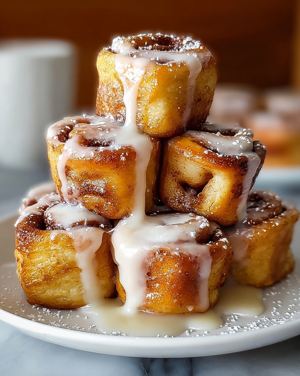 A white plate holds a stack of small cinnamon roll bites, with two stacked on top and the rest arranged around the base. Each bite shows a deep golden-brown crust with a soft, light yellow interior swirled with cinnamon. A thick, creamy white glaze drips over the top and sides of the stacked bites, pooling on the plate below, while a light dusting of powdered sugar adds a snowy texture on top. The background is softly blurred with a white marbled texture underneath the plate. photo taken with an iphone --ar 4:5 --v 7
