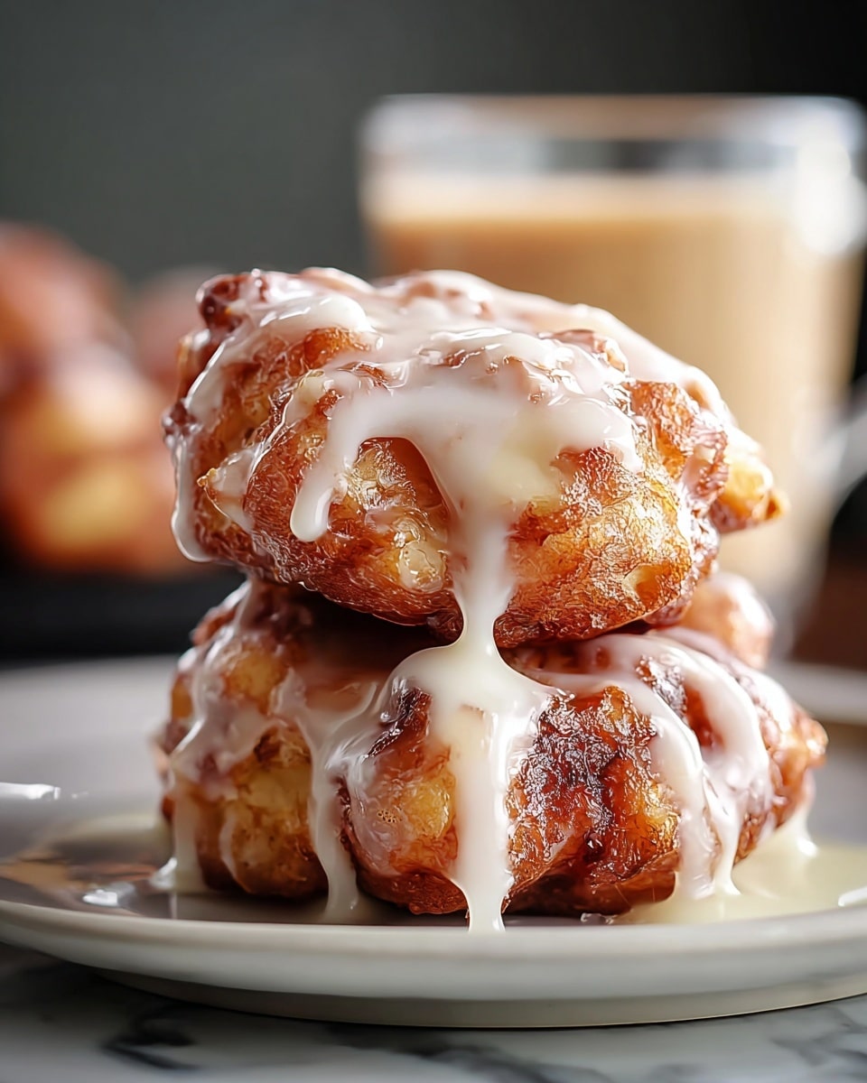 Two thick, golden-brown fritters are stacked on a white plate, covered with a smooth, white glaze that drips down the sides in shiny streams. The fritters have a crispy texture with uneven edges and small browned spots. In the background, blurred fritters and a glass of light-colored milk can be seen on a white marbled surface. The lighting highlights the glossy glaze and the warm tones of the fried fritters. photo taken with an iphone --ar 4:5 --v 7