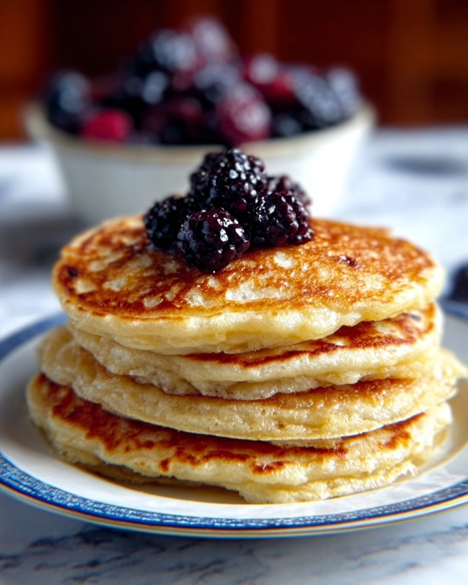 A stack of five thick, golden-brown pancakes sits on a white plate with a dark blue rim, each pancake showing a slightly uneven, fluffy texture with small air bubbles. On top of the stack, there is a small pile of shiny, dark purple and black berries mixed with a few red berry juices, creating a juicy contrast against the warm pancakes. The background is a soft blur of warm tones, and the surface under the plate is a white marbled texture. The photo taken with an iphone --ar 4:5 --v 7