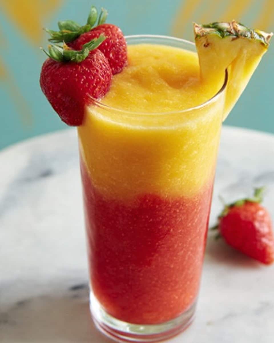 The image shows a tall clear glass filled with a two-layer smoothie on a white marbled surface. The bottom layer is thick and bright red with a slightly textured look, while the top layer is a smooth, bright yellow-orange color. The yellow-orange layer is about half the height of the red layer. On top, there are fresh garnishes: two fresh strawberries with green leaves, and a small slice of pineapple with its green top sticking out over the glass rim. The background is softly blurred with gentle colors. Photo taken with an iphone --ar 4:5 --v 7