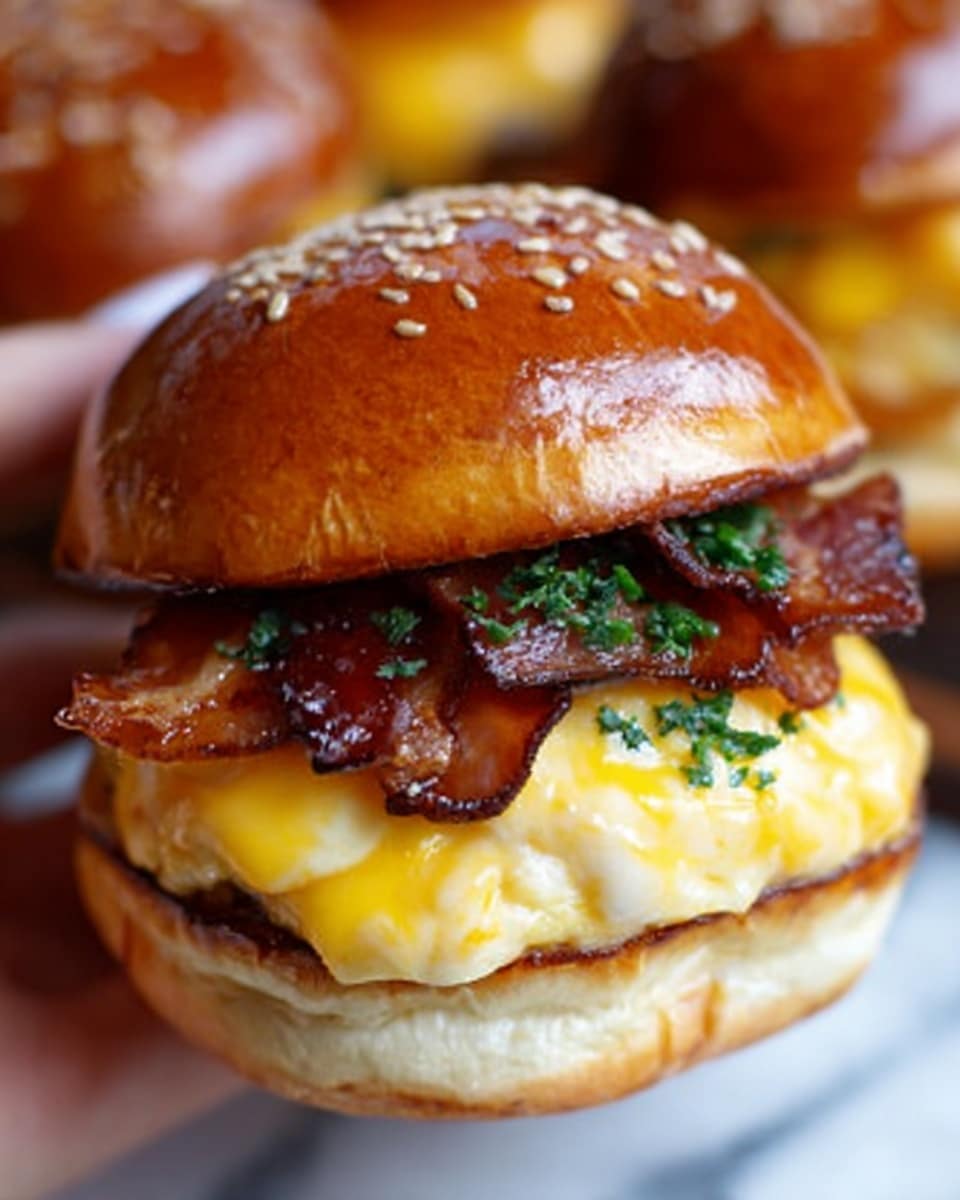 The image shows a close-up of a breakfast sandwich with three visible layers inside a shiny golden-brown bun sprinkled with small green herbs on top. The bottom layer is a slightly toasted white bun, above it is a thick, soft, and creamy scrambled egg layer with a rich yellow color, and on top of that is a crispy dark brown bacon layer peeking out from under the top bun. The sandwich sits on a white plate, placed on a white marbled surface. Photo taken with an iphone --ar 4:5 --v 7