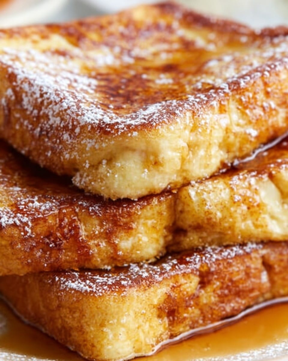 The image shows a close-up of a stack of three thick, fluffy French toast slices with a golden-brown crispy texture on the outside. The top slice glistens with a drizzle of syrup that pools slightly on the surface, highlighting the soft, creamy inside visible where the toast is slightly cut or broken. The syrup adds a glossy, amber shine contrasting with the warm, toasted edges. The background features a white marbled texture. Photo taken with an iphone --ar 4:5 --v 7