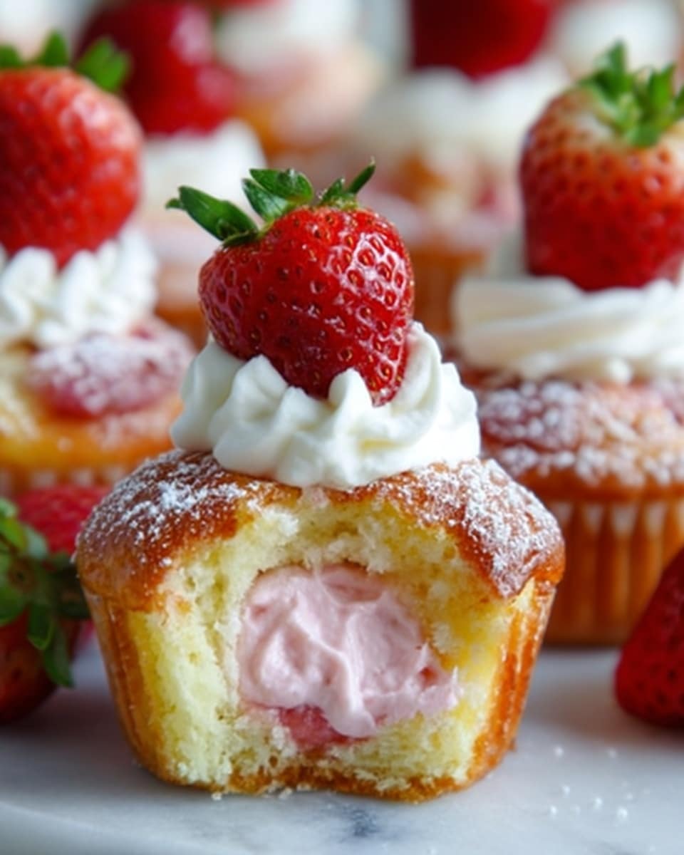 The image shows a close-up of a bite-sized pastry with a golden brown crust and a soft pink cream filling inside. The top of the pastry is covered with a dollop of white cream, topped with a fresh red strawberry with green leaves. Around the pastry, there are more small pastries arranged on a white plate, some with strawberries and cream on top. The background is a white marbled texture. Photo taken with an iphone --ar 4:5 --v 7