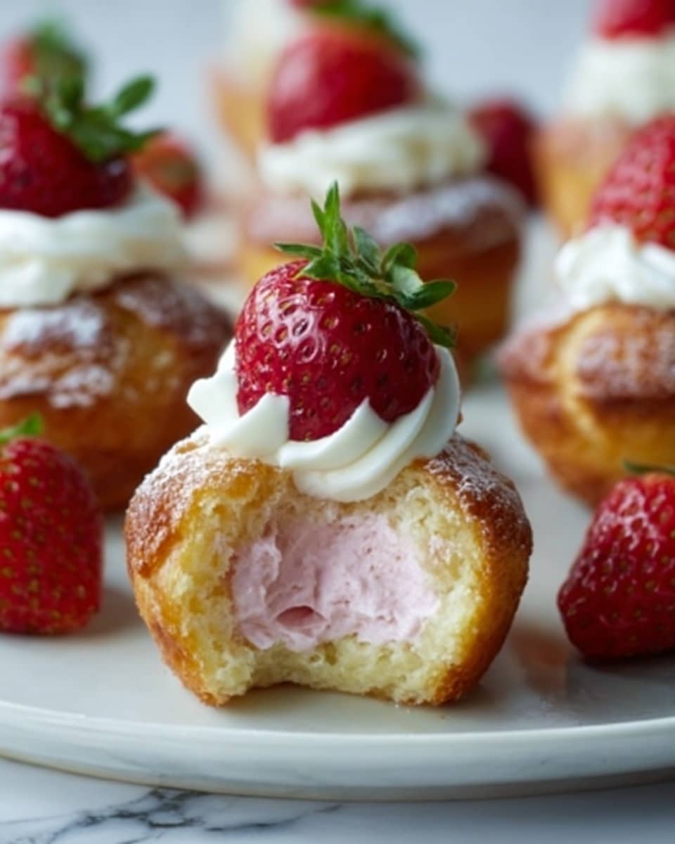 A close-up of a small cupcake with a golden-brown top, filled with pink cream inside, and topped with a dollop of white cream and a red strawberry with green leaves. The cupcake has a soft, moist texture with powdered sugar dusted on top. Around it, there are more cupcakes with similar toppings, all set on a white marbled surface. The focus is on the front cupcake with others softly blurred in the background. Photo taken with an iphone --ar 4:5 --v 7