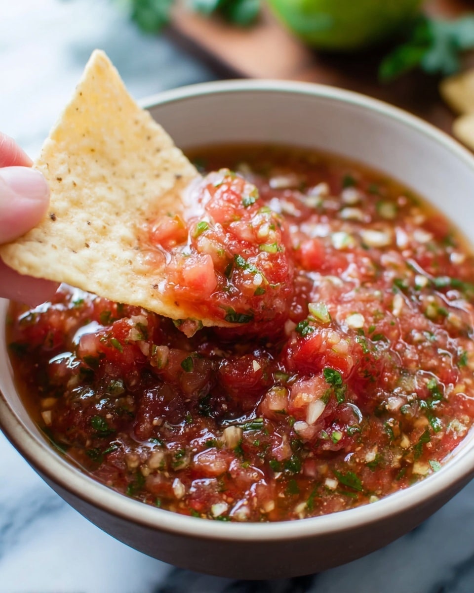 A close-up view of a bowl filled with chunky red salsa that has visible pieces of green herbs and white onion mixed in. The salsa appears thick and slightly watery with a glossy texture. A triangular light yellow tortilla chip is dipped into the salsa, held by a woman's hand. The bowl is white and placed on a white marbled surface. Some green herbs and a green lime are visible blurred in the background. Photo taken with an iphone --ar 4:5 --v 7