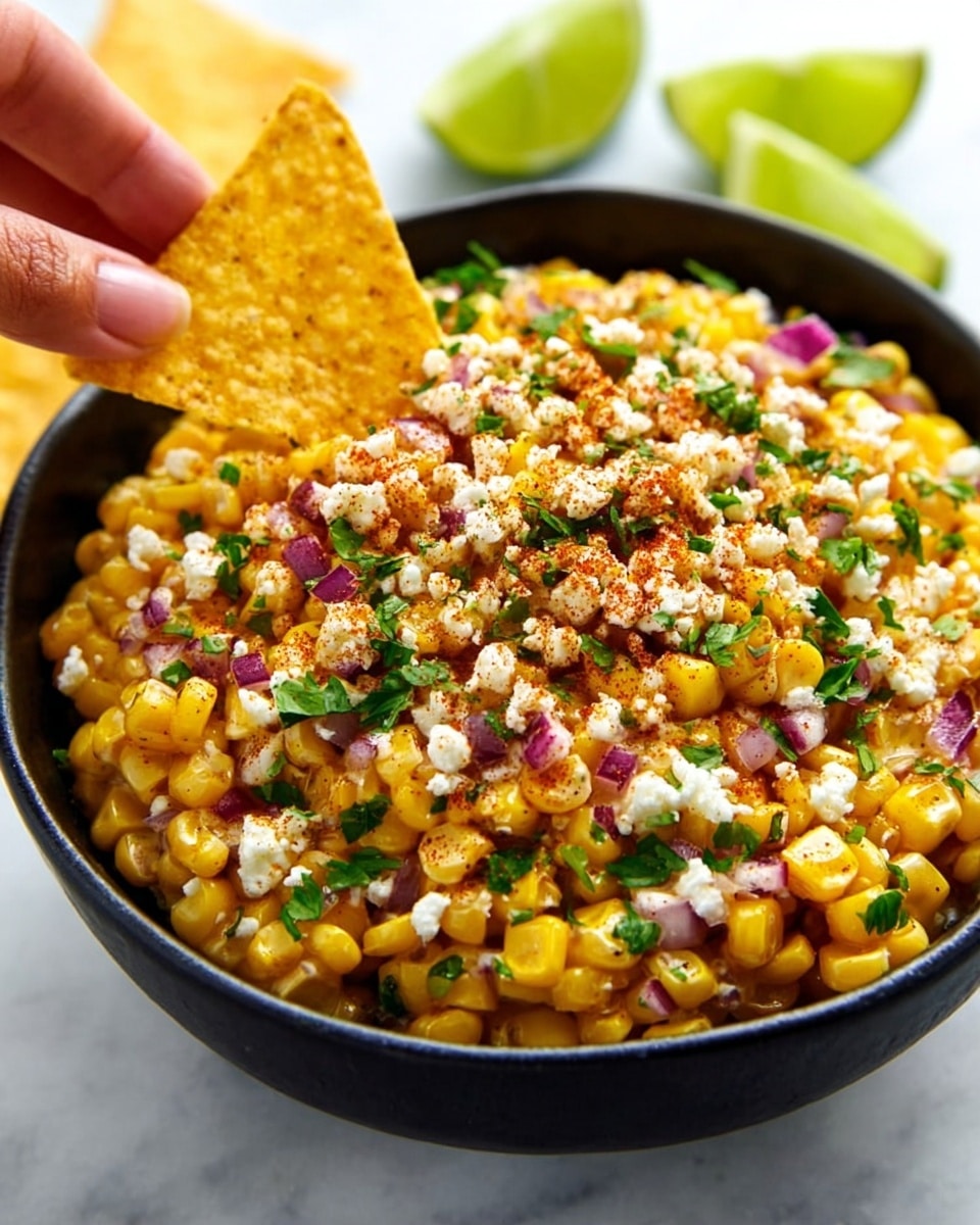 A deep black bowl filled with a layered corn dish, starting with bright yellow cooked corn kernels as the base, mixed with small pieces of purple onion scattered throughout. On top, it is sprinkled with finely chopped green herbs and crumbled white cheese, adding texture and freshness. There is also a light dusting of reddish spice evenly spread over the surface, giving a rich color contrast. A woman's hand holds a large yellow corn chip, dipping into the bowl from the left side. In the background, two lime wedges sit beside the bowl on a white marbled surface. Photo taken with an iphone --ar 4:5 --v 7