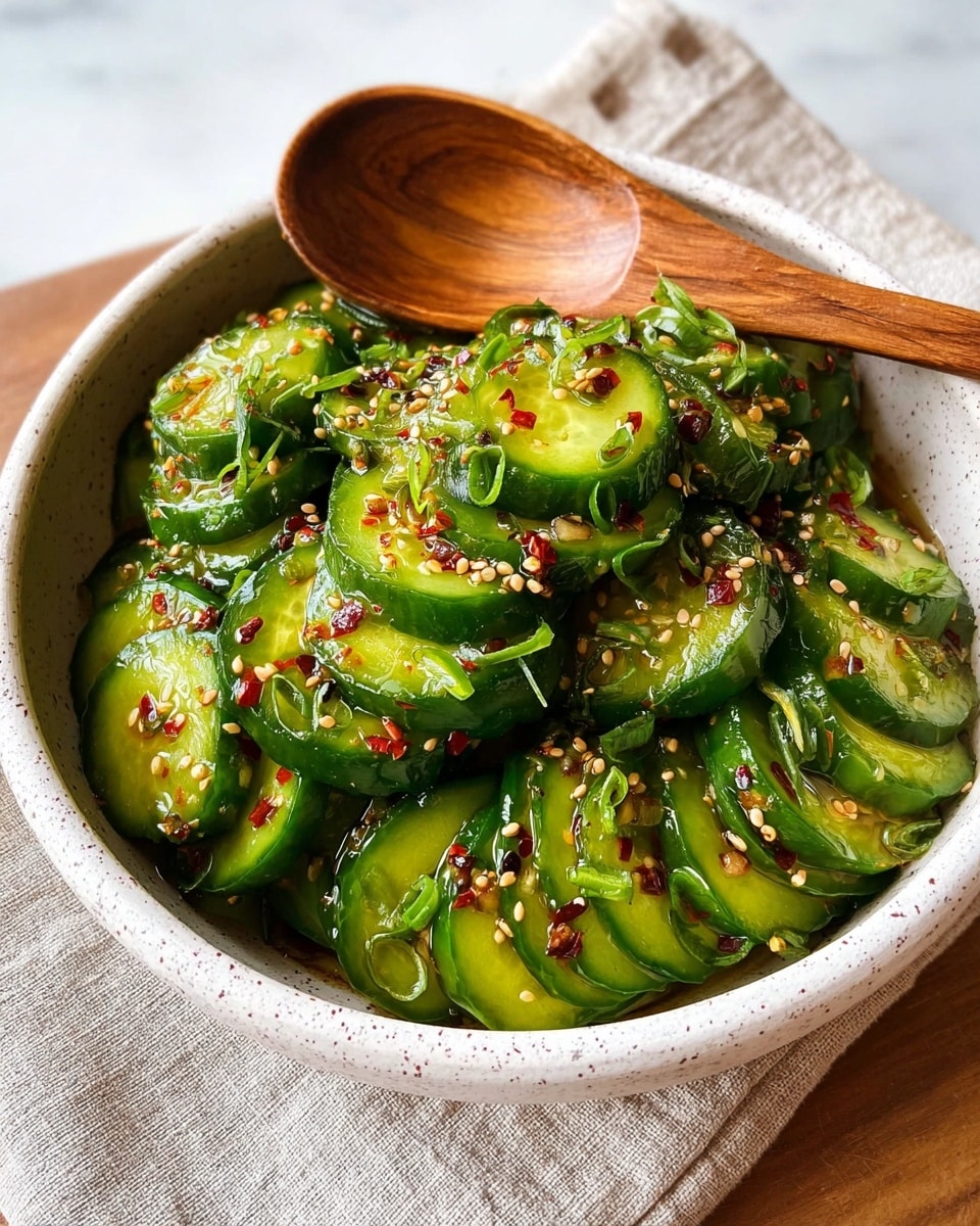A white bowl filled with several layers of green cucumber slices, each slice glistening with a glossy sauce. The cucumbers are arranged in a stacked, slightly curved manner, with dark red chili flakes, sesame seeds, and small green onion pieces sprinkled evenly on top. A wooden spoon rests inside the bowl on one side. The bowl is placed on a light cloth over a surface with a white marbled texture, with blurred green leaves in the background. Photo taken with an iphone --ar 4:5 --v 7