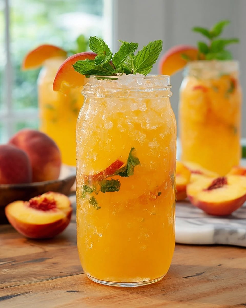 A clear mason jar glass filled with an orange-yellow peach drink with crushed ice visible in two layers, the bottom layer is a solid orange-yellow liquid, while the top is filled with crushed ice that makes the drink look cold and bubbly. Inside the drink, there are slices of peach and small green mint leaves floating. On top of the jar, a peach slice rests with fresh bright green mint leaves as garnish. The jar is placed on a wooden surface with peaches and two other similar jars blurred in the background, all set against a white marbled textured surface. photo taken with an iphone --ar 4:5 --v 7