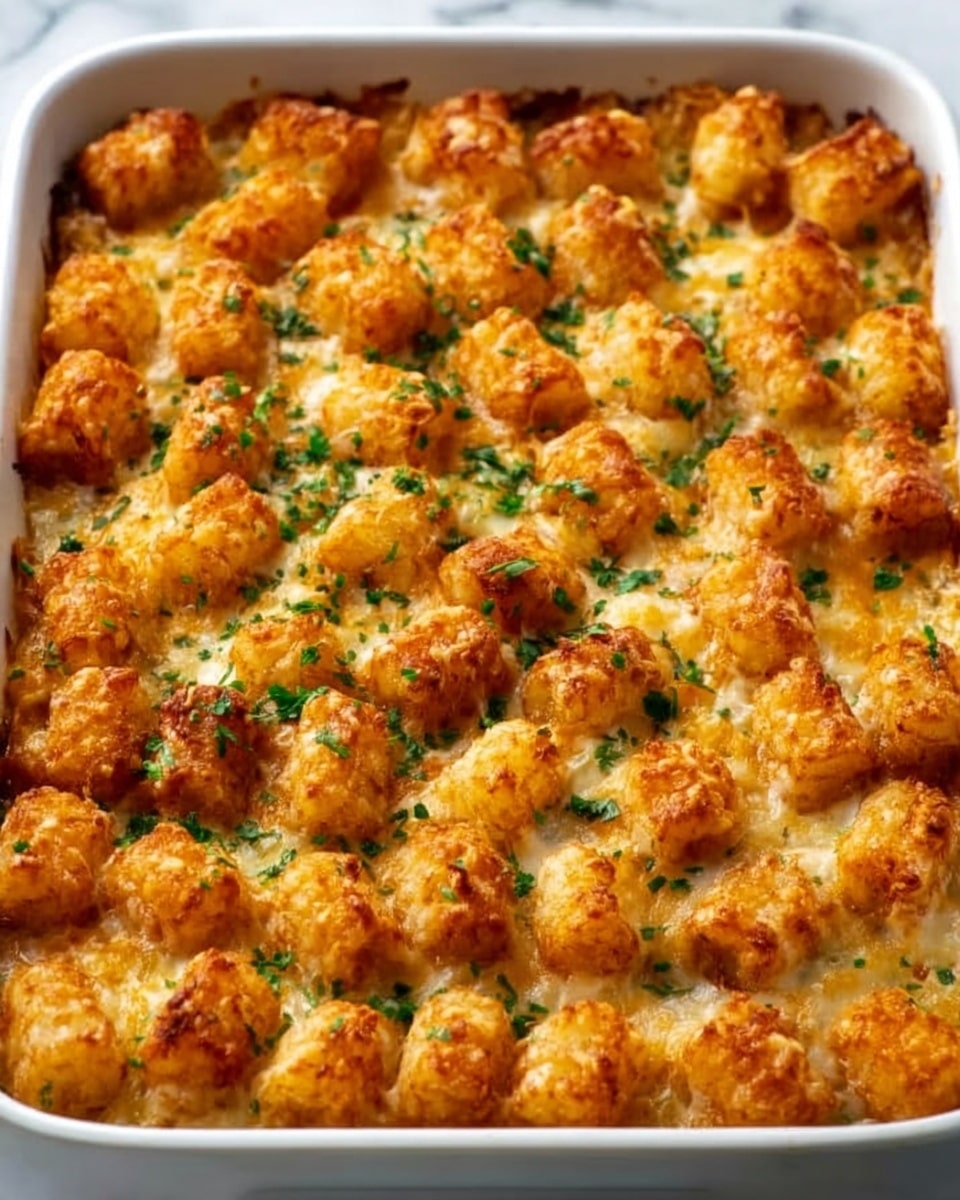 A white rectangular baking dish filled with a layer of golden-brown crispy tater tots arranged closely together. The tater tots have a crunchy, textured surface with a mix of darker and lighter orange tones. Green chopped herbs are sprinkled evenly on top, adding a fresh color contrast. The dish's browned edges and odd melted cheese spots between the tots hint at a creamy layer underneath. The background is a white marbled texture. photo taken with an iphone --ar 4:5 --v 7