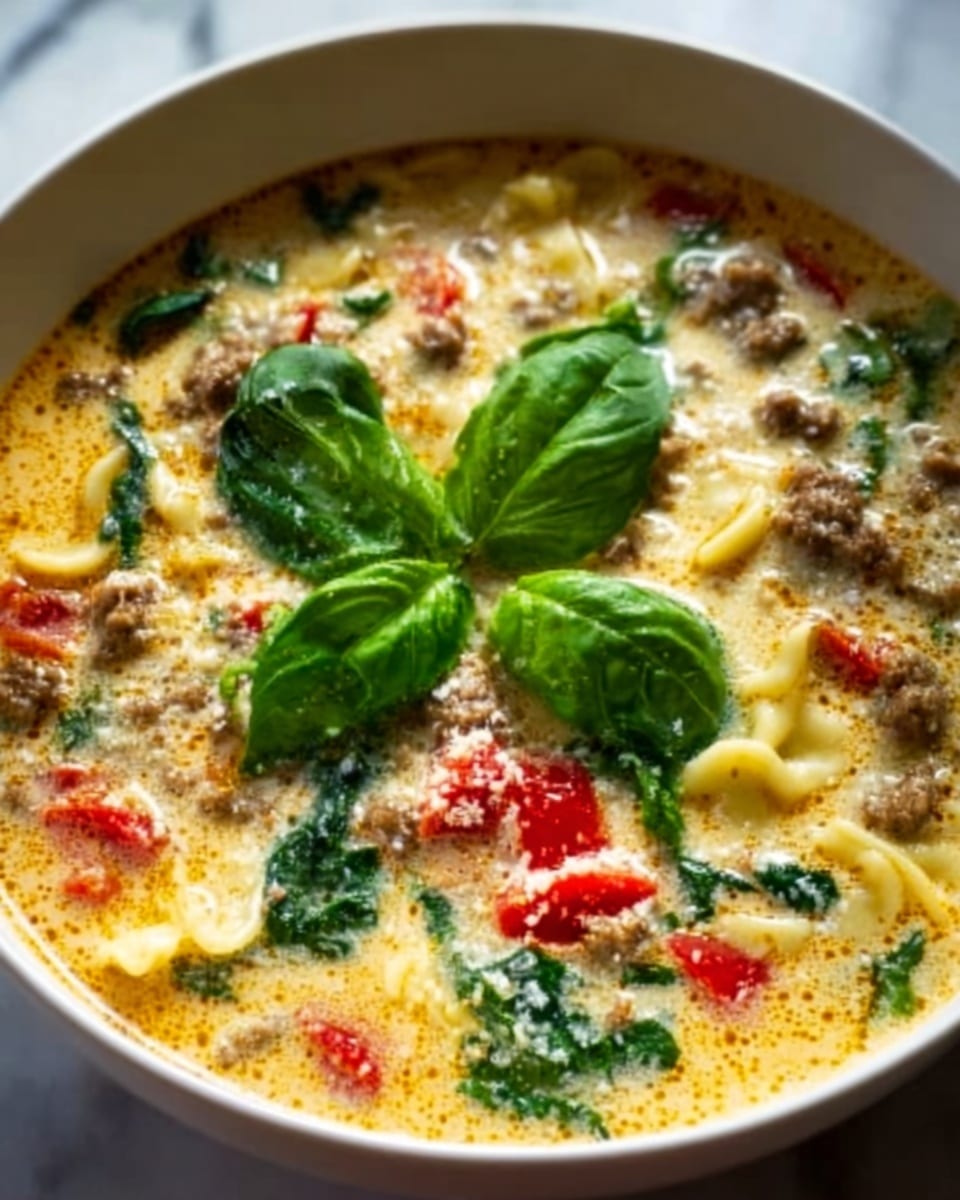 The image shows a close-up of a creamy soup served in a white bowl placed on a white marbled surface. The soup has a light yellow and orange base, with soft textures and small bubbles visible. Floating on top are vibrant green spinach leaves and bright red tomato pieces, along with small bits of ground meat scattered evenly. A fresh basil leaf rests in the center, adding a pop of green and a fresh look. The colors and textures blend to create a warm, hearty, and inviting dish. Photo taken with an iphone --ar 4:5 --v 7