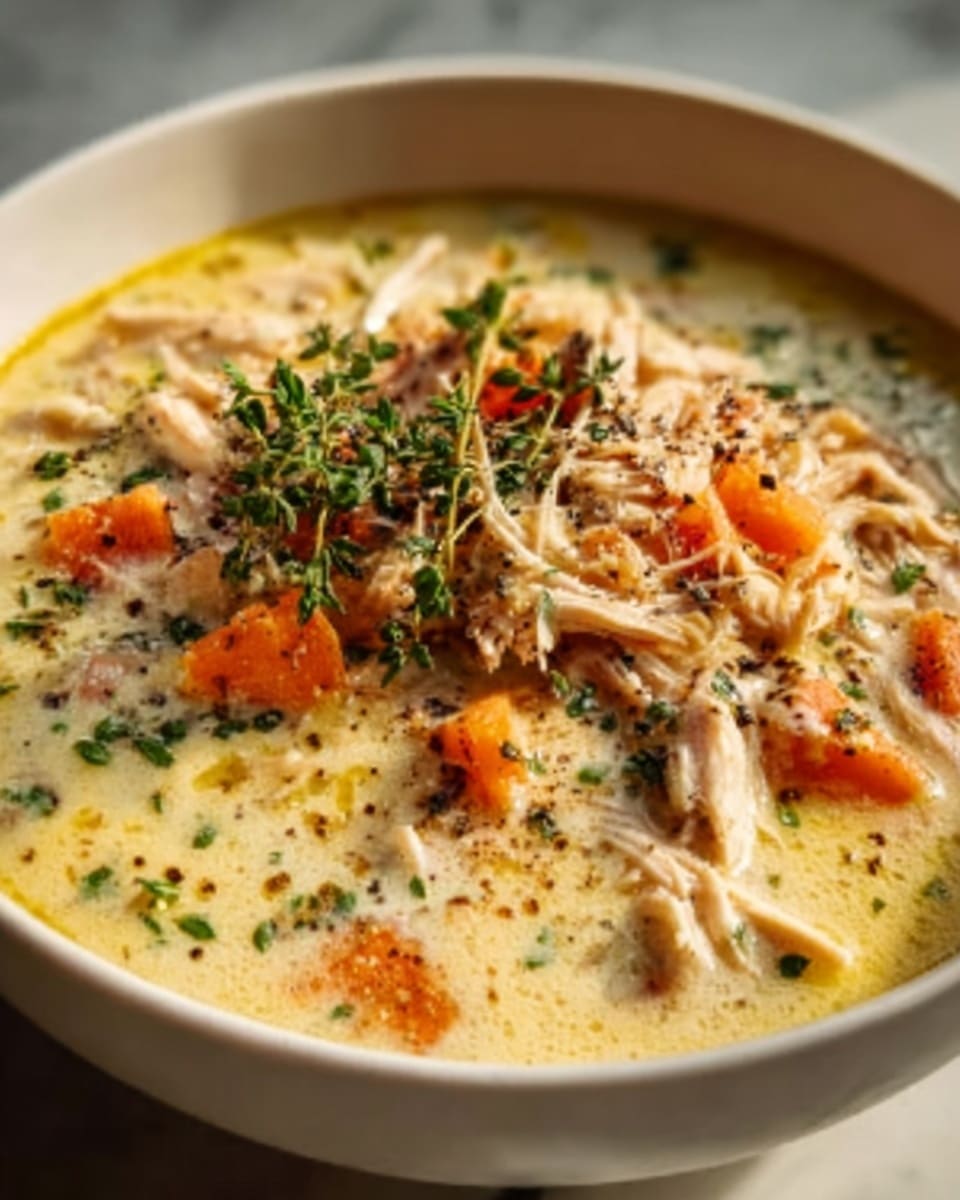 The image shows a close-up of a creamy soup in a white bowl, placed on a white marbled surface. The soup has three visible layers: the base layer is a thick, pale yellow cream, the middle layer consists of soft orange carrot chunks scattered throughout, and the top layer features shredded pieces of cooked chicken mixed with sprigs of fresh green herbs, likely thyme. Small black pepper flakes and green herbs are sprinkled on the surface, adding texture and color contrast. The lighting highlights the soup’s creamy texture and fresh ingredients, giving it a warm and comforting look. photo taken with an iphone --ar 4:5 --v 7