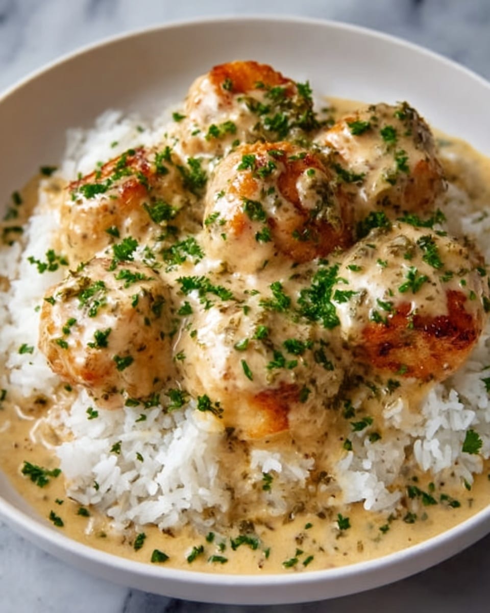 A white shallow bowl holds a serving of white rice topped with golden-brown chicken pieces covered in a creamy, light beige sauce with visible herbs and mushrooms. The chicken is nicely browned, adding a crispy texture contrast, and fresh green chopped herbs are sprinkled generously over the dish. The sauce has a smooth texture with small mushroom slices mixed in, all sitting on a white marbled surface. photo taken with an iphone --ar 4:5 --v 7