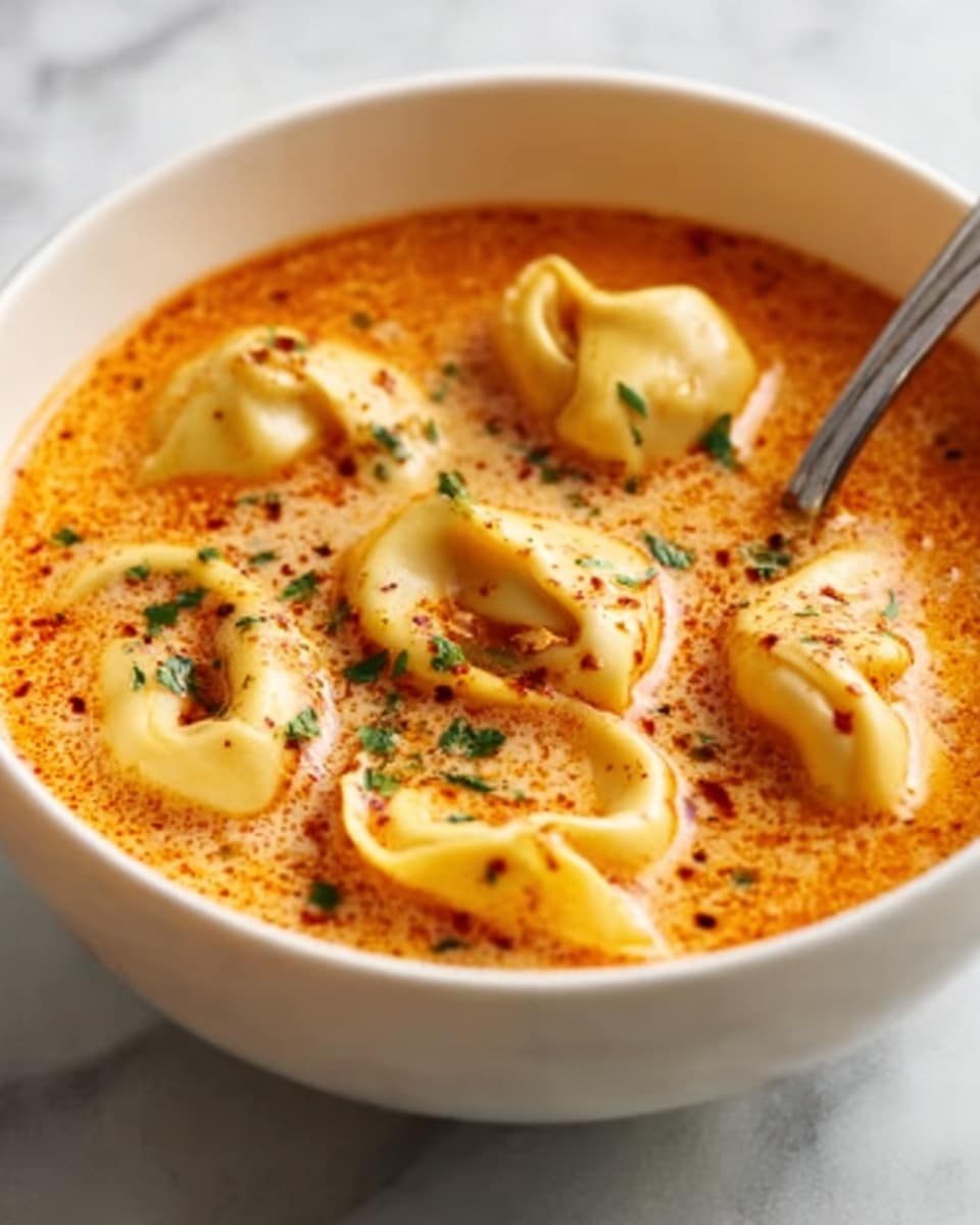 A white bowl filled with a creamy orange soup, with several folded tortellini floating on top. The soup has a smooth texture with herbs sprinkled over it, including green parsley and red chili flakes, adding detail and color contrast. A spoon is partially submerged in the soup on the right side of the bowl. The bowl sits on a white marbled surface, creating a clean and bright background. Photo taken with an iphone --ar 4:5 --v 7