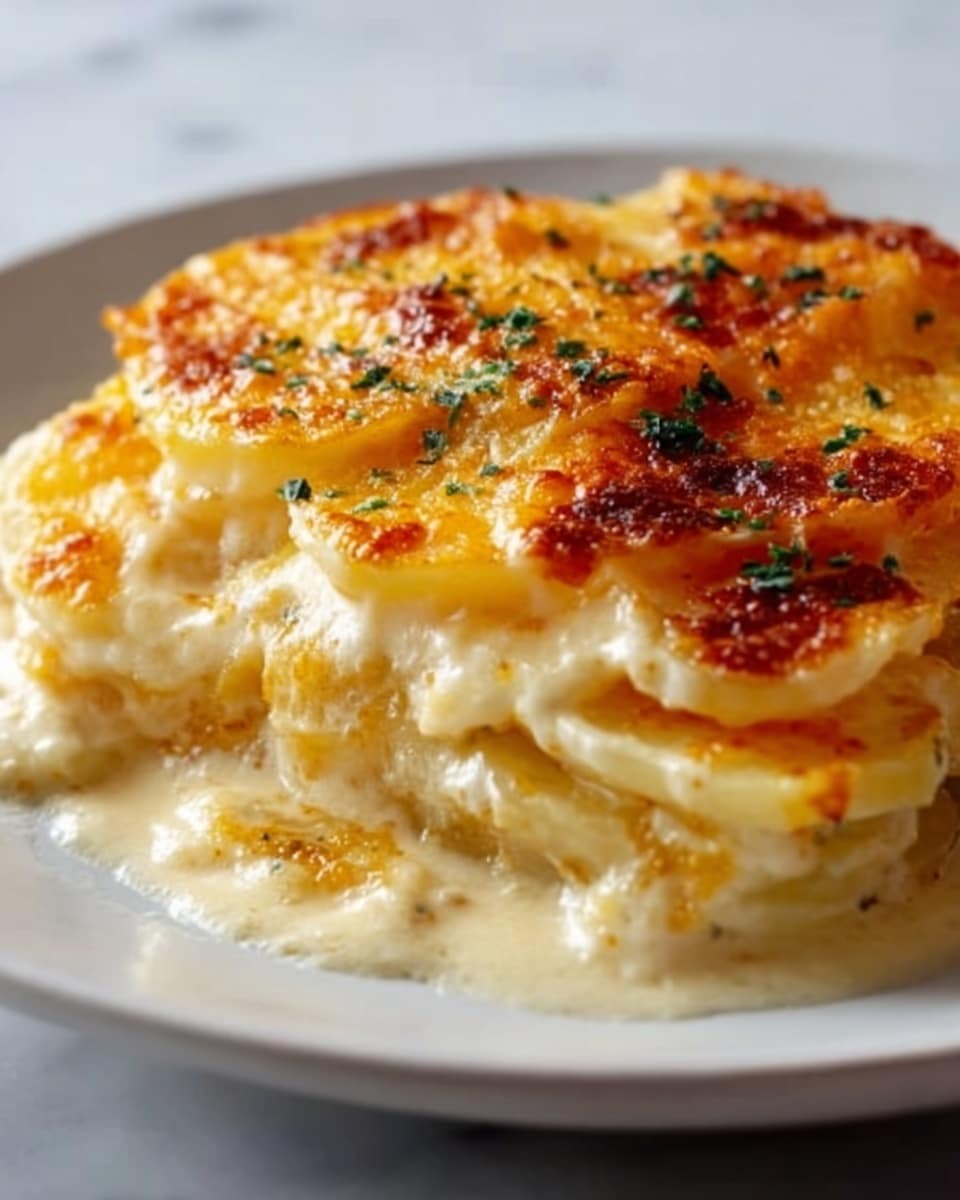 The image shows a close-up of a cheesy potato gratin with three visible layers. The bottom layer is creamy white mashed potatoes, topped by a thick layer of melted white cheese sauce. The top layer is golden brown melted cheese with some browned spots and a sprinkling of finely chopped green herbs evenly spread on the surface. The dish is served on a white plate sitting on a white marbled background. Photo taken with an iphone --ar 4:5 --v 7