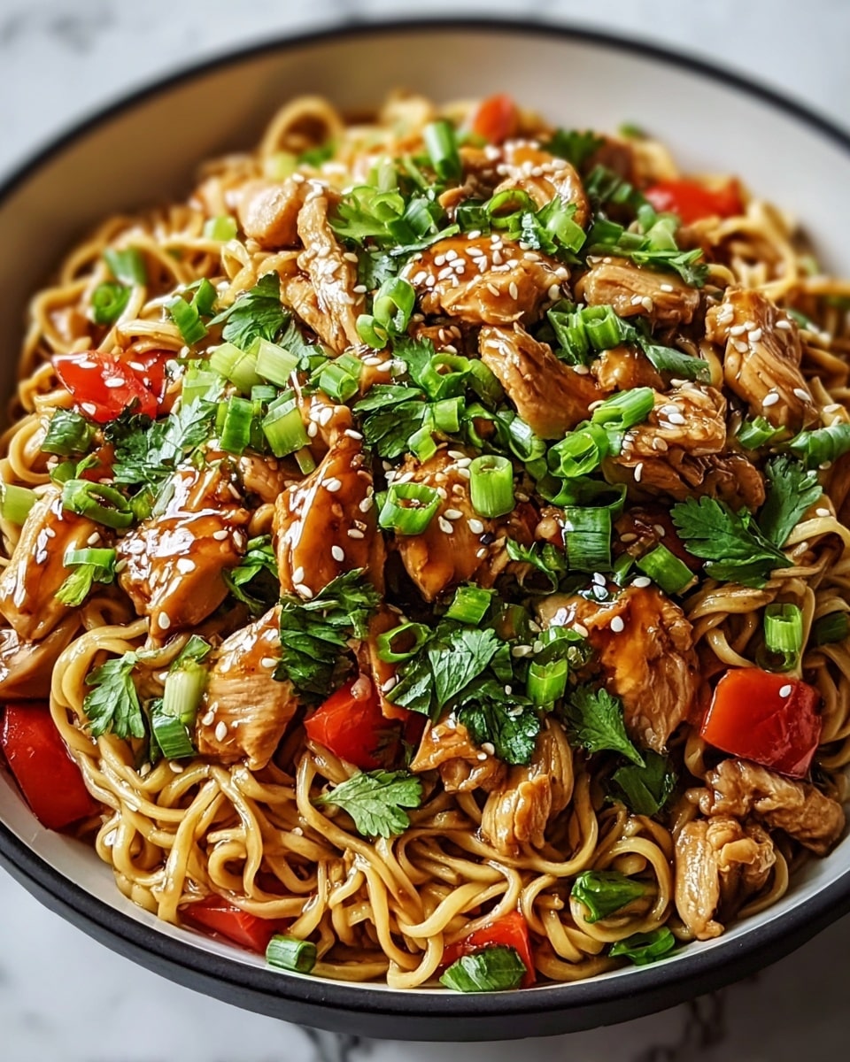 The image shows a close-up of a white bowl filled with a layered dish of noodles, chicken pieces, and chopped green onions. The bottom layer has light tan, curly noodles coated in a shiny, savory sauce. On top of the noodles are tender light brown chicken pieces with a glossy texture, mixed with bright red bite-sized chili peppers. Scattered throughout the dish are vibrant green chopped scallions and small bits of cilantro, adding a fresh look. The whole dish is lightly sprinkled with white sesame seeds, giving a textured finish. The background is a white marbled surface. photo taken with an iphone --ar 4:5 --v 7
