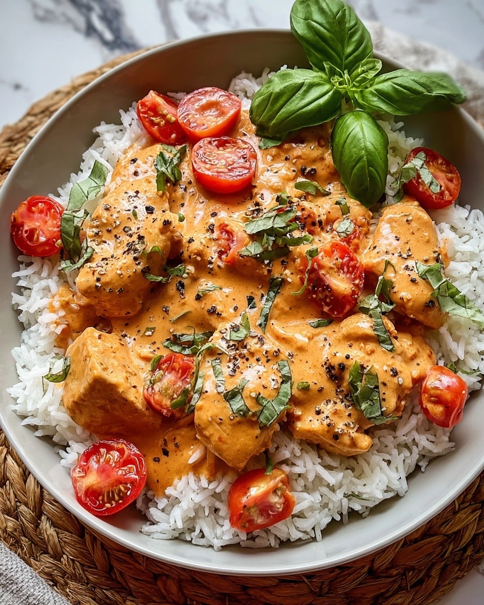 A white plate holds a bed of white rice as the base layer, topped with four square pieces of golden-brown grilled chicken covered in a thick orange creamy sauce. The sauce spreads over the chicken and rice, decorated with small pieces of red tomato, fresh green basil leaves, and sprinkled black pepper and herbs. The plate is set on a woven mat with a white marbled surface underneath, and the lighting highlights the shiny texture of the sauce and fresh herbs. Photo taken with an iphone --ar 4:5 --v 7