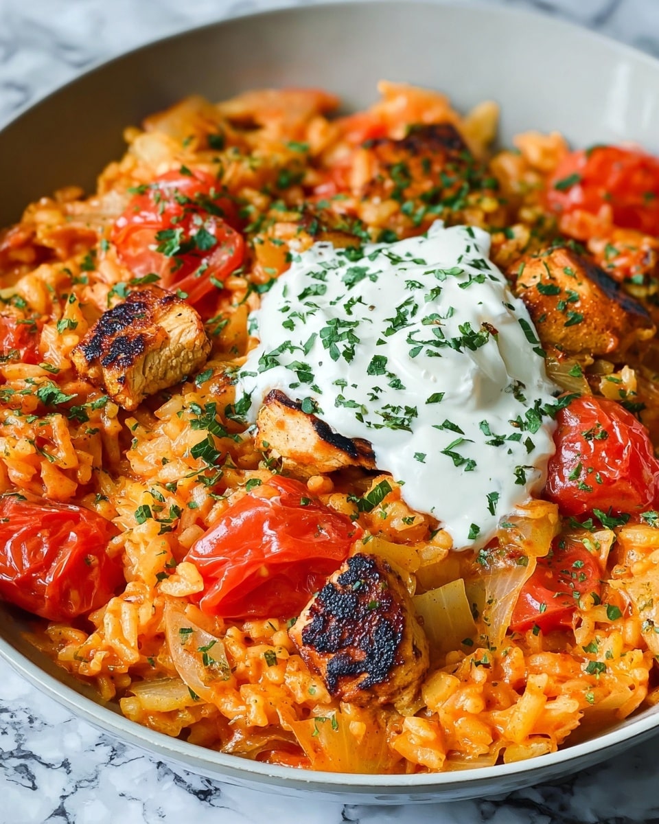 The image shows a close-up of a skillet filled with a creamy orange-colored rice dish mixed with grilled chicken pieces that have char marks on them, giving a textured look. There are bright red tomato slices scattered evenly throughout the dish, adding vibrant color contrast. On top of the rice and chicken mixture, there is a dollop of white cream or sour cream sprinkled with green herbs and black pepper. The dish looks rich and hearty with visible small green herb pieces spread throughout. The skillet is set on a white marbled surface, enhancing the colors of the food. Photo taken with an iphone --ar 4:5 --v 7