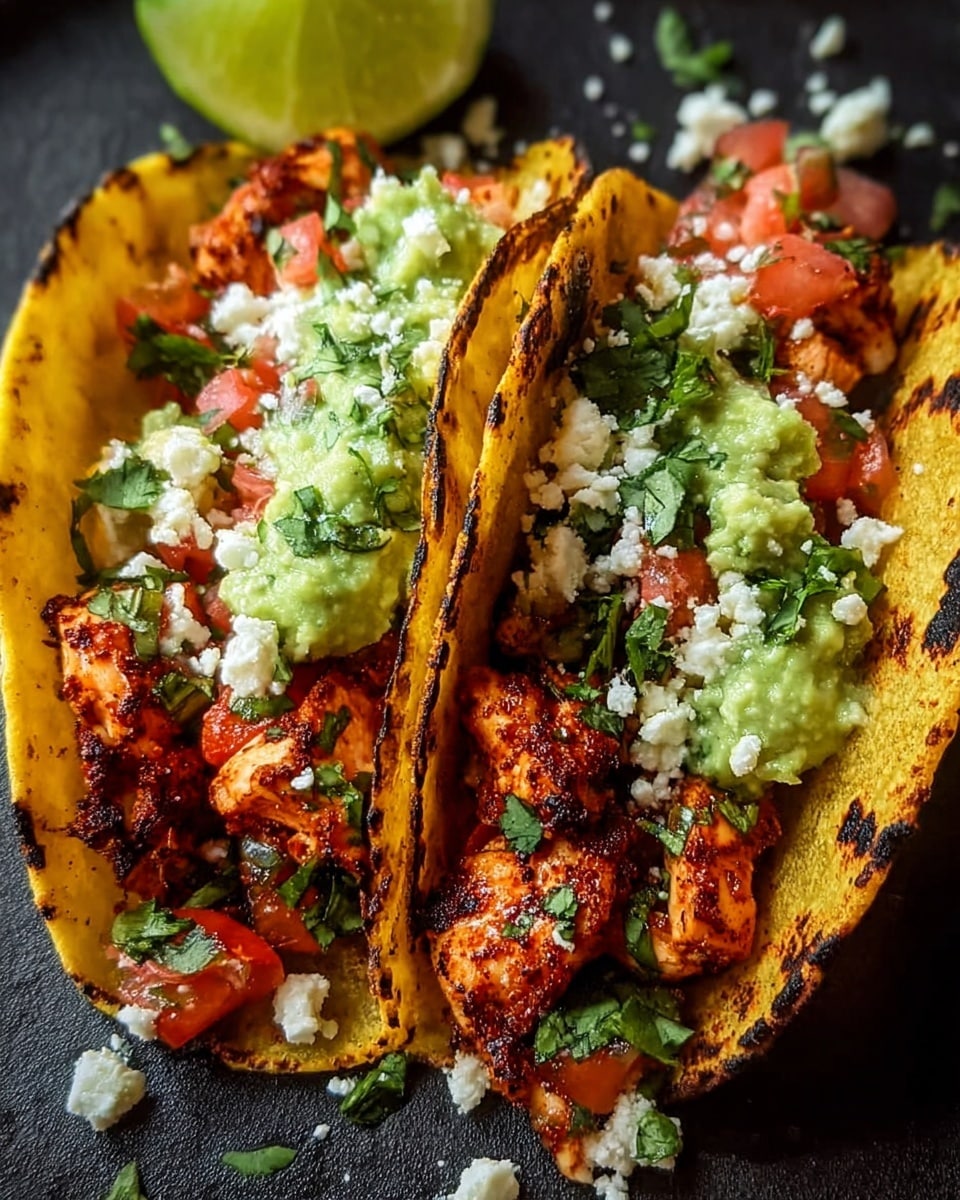 The image shows two grilled chicken tacos with three main visible layers on each taco. The base layer is a slightly charred corn tortilla with a warm golden brown color and some black grill marks. On top of the tortilla, there are chunks of spiced grilled chicken with a deep reddish-brown crust, giving a smoky appearance. Above the chicken, there is a mix of diced bright red tomatoes, green cilantro, and mashed light green avocado, adding freshness and texture. White crumbled cheese is sprinkled across the top, contrasting well with the other colors. A wedge of lime with a bright green peel and pale green flesh sits beside the tacos on a dark plate, which rests on a white marbled surface. photo taken with an iphone --ar 4:5 --v 7
