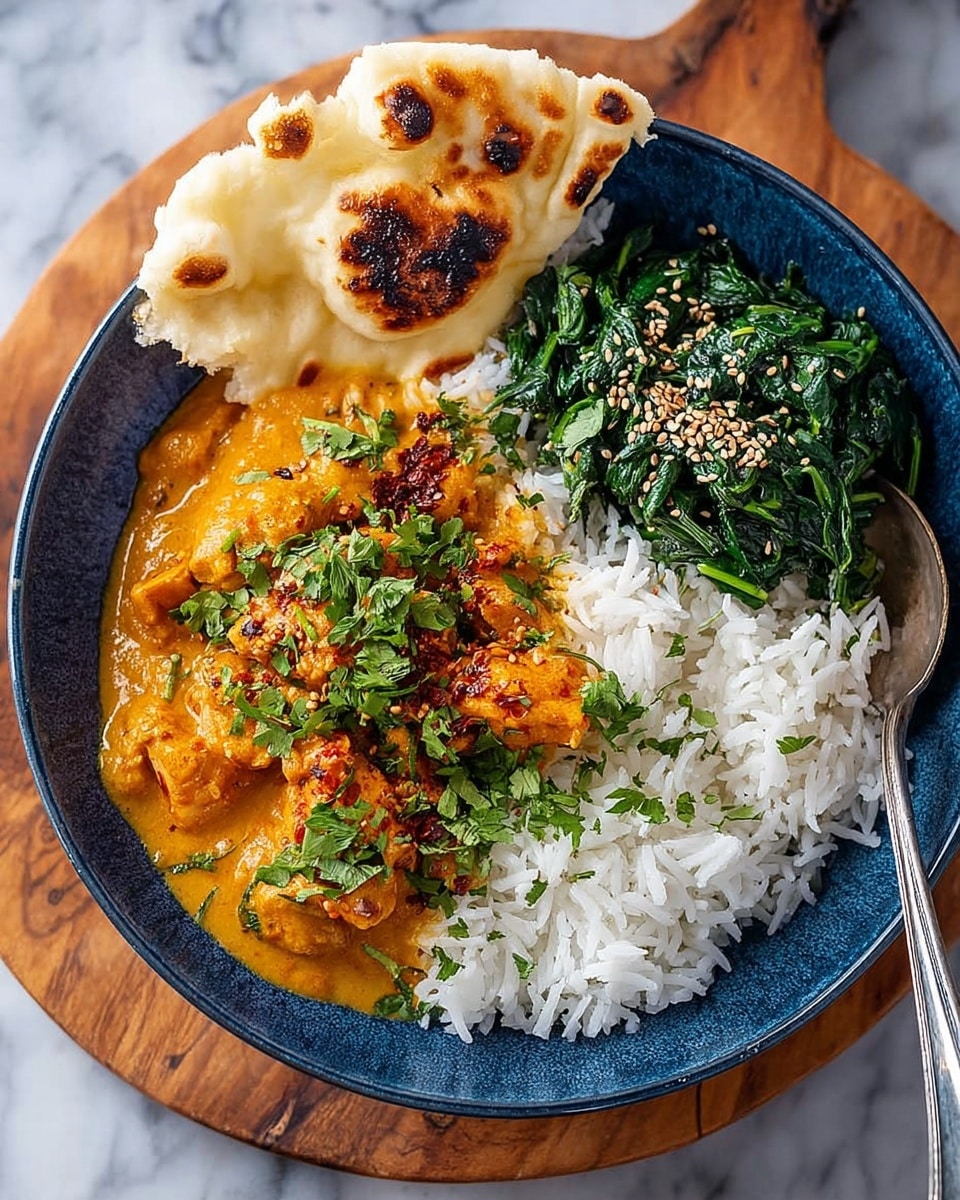 A white bowl filled with three main layers: on the left side, there is a thick creamy orange curry with chunks of meat, sprinkled with fresh green cilantro leaves; the middle section has a mound of fluffy white rice with individual grains visible; on the right side, there is a pile of cooked dark green spinach topped with white sesame seeds, with a silver spoon resting on the edge. A piece of toasted naan bread with browned spots is placed at the top edge of the bowl. The bowl sits on a round wooden board over a white marbled surface. photo taken with an iphone --ar 4:5 --v 7
