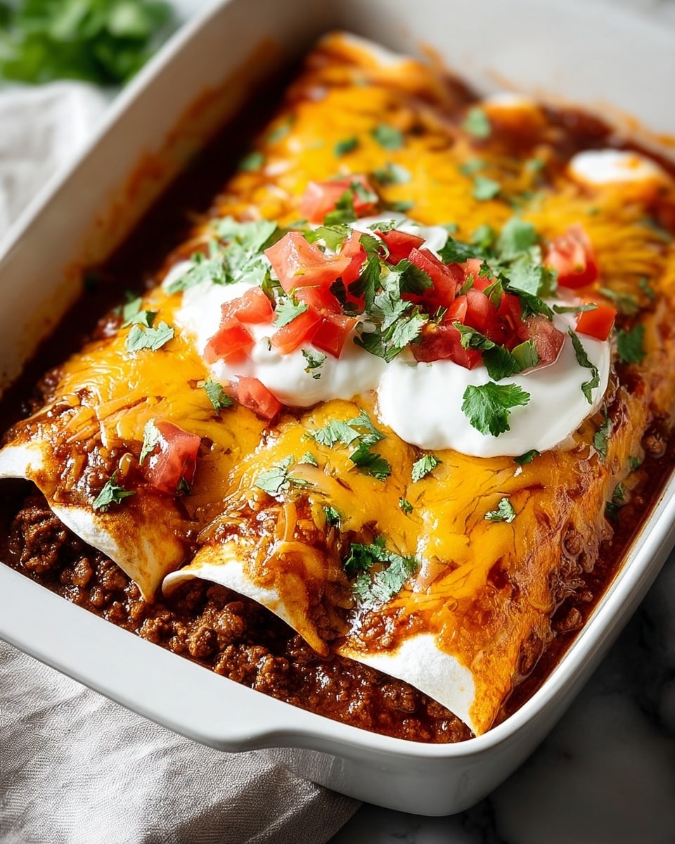 The image shows a close-up of two rolled tortillas filled with seasoned ground beef, covered in a rich, dark red enchilada sauce. The top layer is melted golden-yellow cheese, slightly browned at the edges. On top of the cheese, there are dollops of white sour cream, bright red diced tomatoes, and fresh green cilantro leaves scattered as garnish. The dish is in a white baking dish placed on a white marbled surface. Photo taken with an iphone --ar 4:5 --v 7