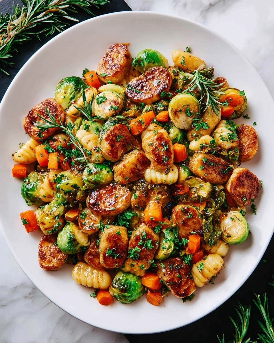 A close-up image of a white plate filled with sautéed vegetables and mushrooms. The dish has three main layers: the bottom layer consists of bright orange carrot chunks scattered across, the middle layer features round green Brussels sprouts with a shiny surface, and the top layer is filled with brown, crispy, sliced mushrooms that have a slightly glossy finish. Small pieces of golden cauliflower are mixed in between the mushrooms and Brussels sprouts, all sprinkled with finely chopped green herbs. A few fresh green sprigs sit on top as garnish. The plate is placed on a dark wooden surface with a white marbled texture in the background. photo taken with an iphone --ar 4:5 --v 7