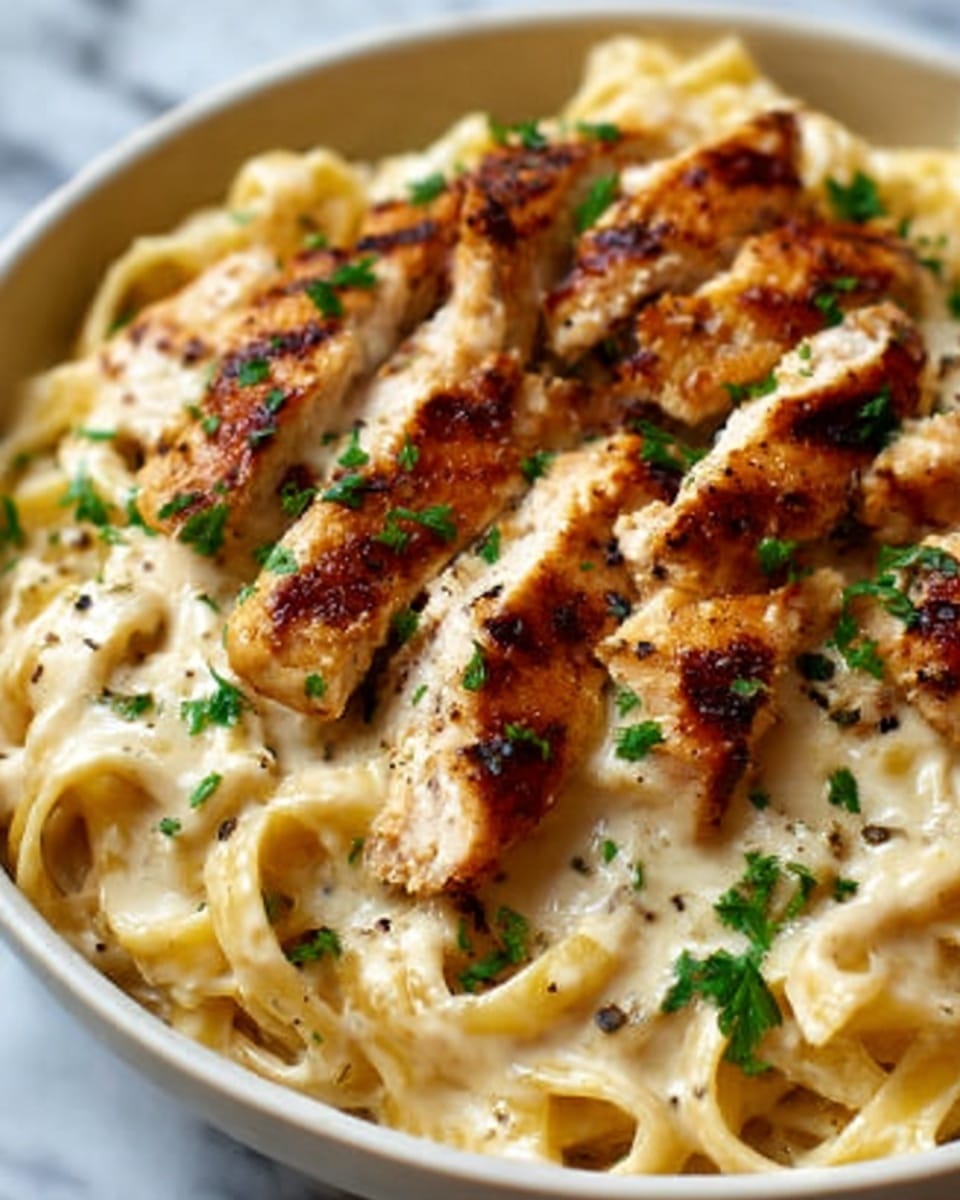 A close-up view of a white bowl filled with creamy fettuccine pasta, covered in a smooth light beige sauce. On top, there are several golden brown grilled chicken strips arranged evenly, each showing grill marks and a slightly crispy texture. Small green parsley leaves are scattered across the dish, adding a fresh contrast in color. The creamy sauce clings to the pasta ribbons, which are layered beneath the chicken, showing their flat and wide shape. The dish is photographed on a white marbled surface, highlighting the warm colors of the food. Photo taken with an iphone --ar 4:5 --v 7